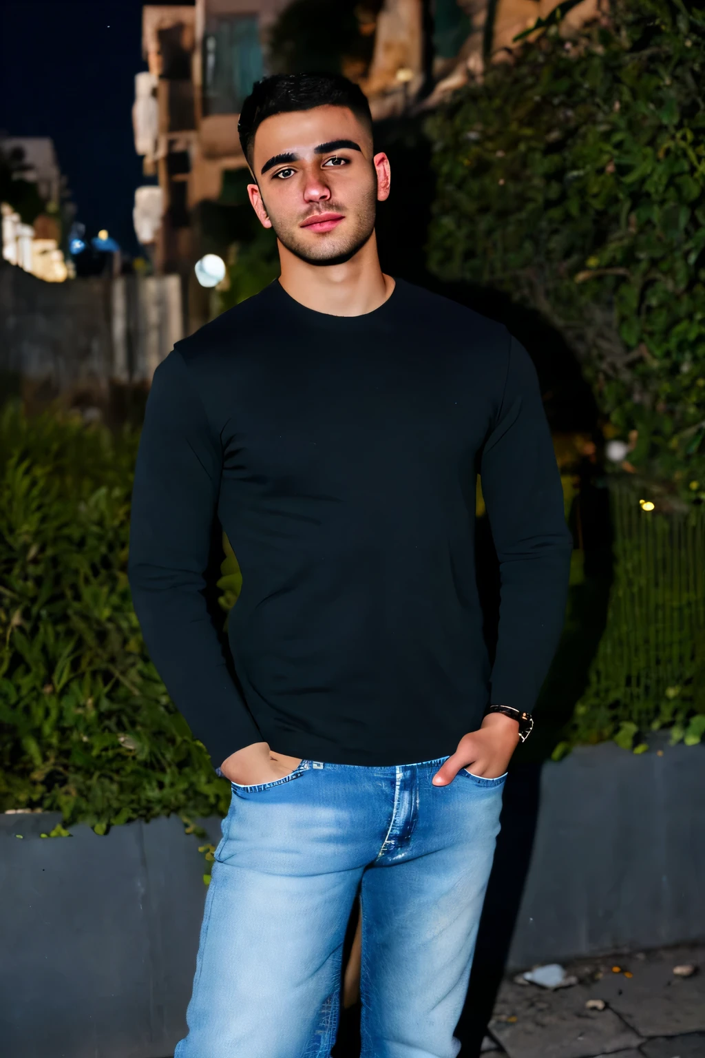Photographed with a Kodak camera. Night. A 23-year-old male.Israeli Jew. Looking with the eyes outside the picture. average height . White skin color. tanned. Marines haircut . T-shir black color. Jeans . Not looking at the camera. Night background, side street, iron fence.