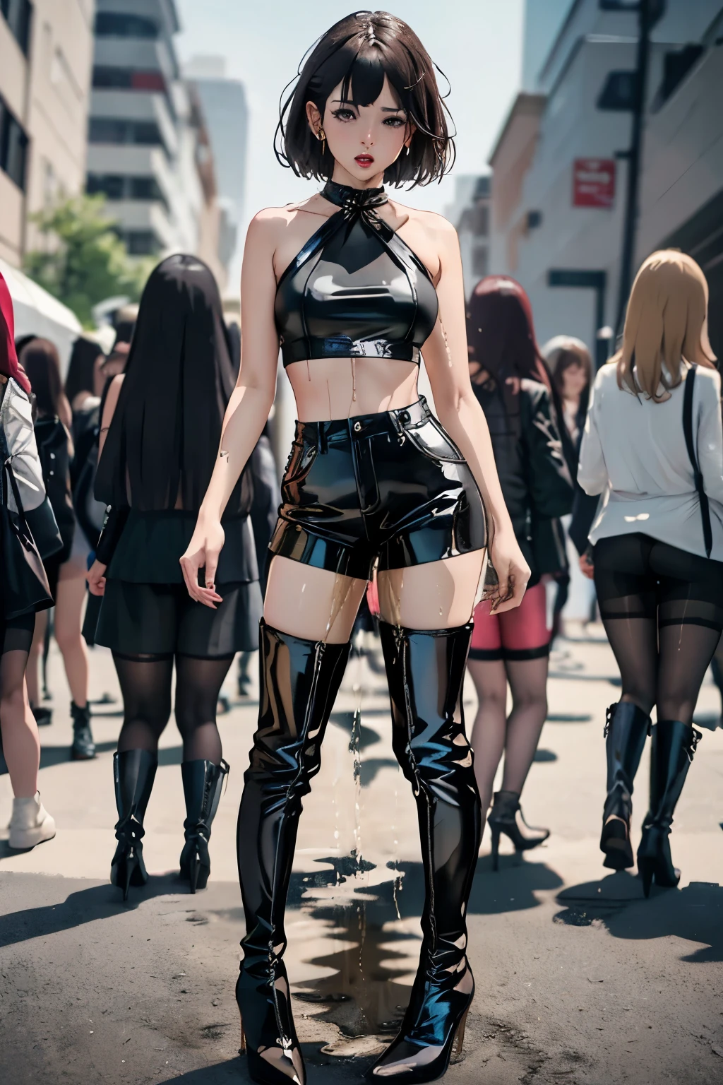 anime, best quality, high quality, highres, beautiful women, high detail, good lighting, lewd, hentai, (((bike shorts))), (leather halter top), (bare midriff), (((shiny pantyhose))), (((leather thigh high heel boots))), (wet shorts), (((wetting herself))), (((peeing herself))), (((peeing self))), (pee streaming down legs), peeing stain, (puddle), (thick thighs), nice long legs, lipstick, pretty face, sexually aroused, ((in public with crowd of women all peeing themselves)), hihelz