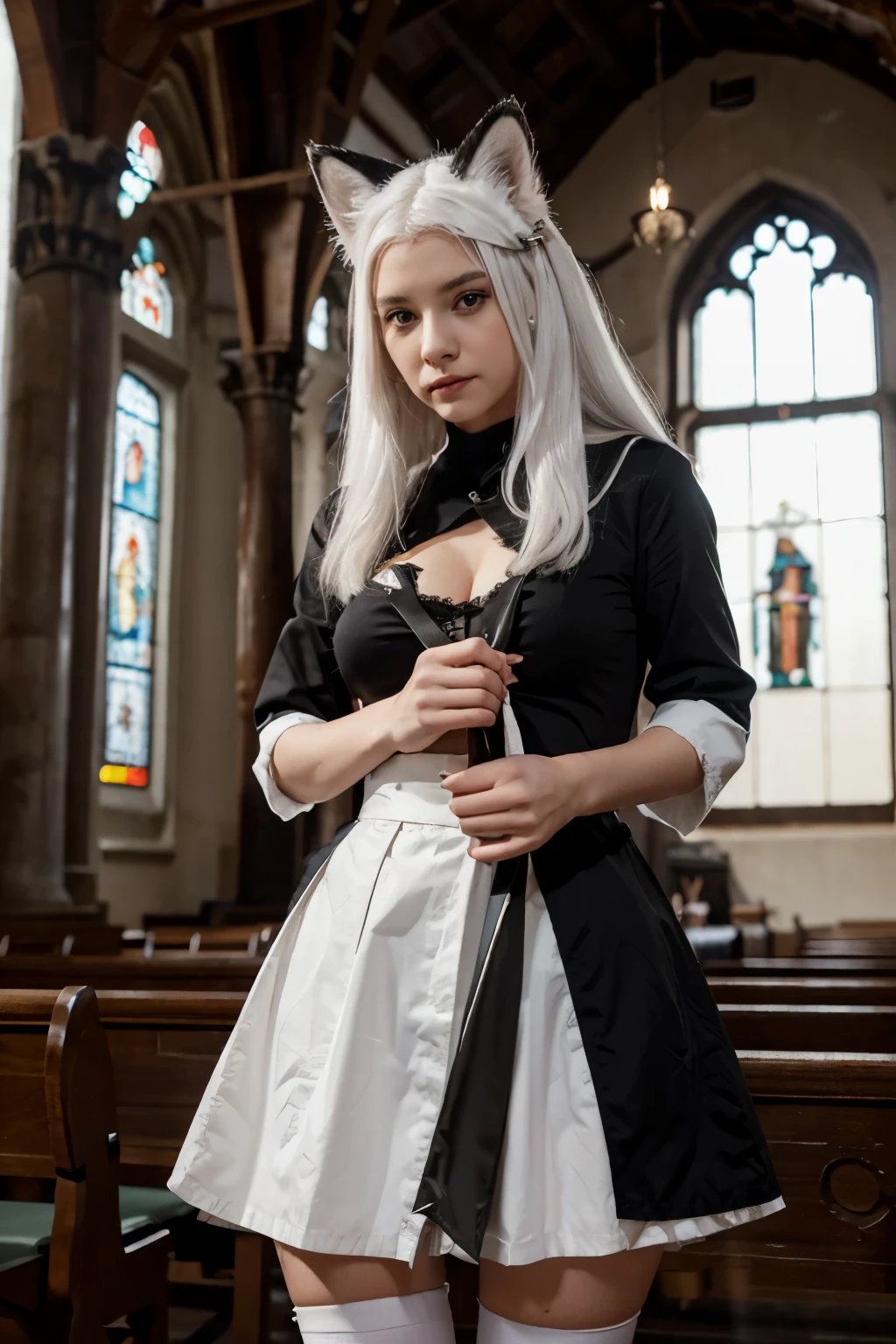 young woman ,height 155 centimeters ,breast size 1 ,ash white hair , fluffy ears with black tips ,white tail with black tip ,fox ,Someone ,cat , skirt ,stockings ,topic ,cat ears ,small ears ,Black Ear Tips,black tip of the tail , black ears ,черный foxий хвост ,two knives in hands , Two daggers in hand , two swords in hands ,skinny legs, monastic , a nun , church