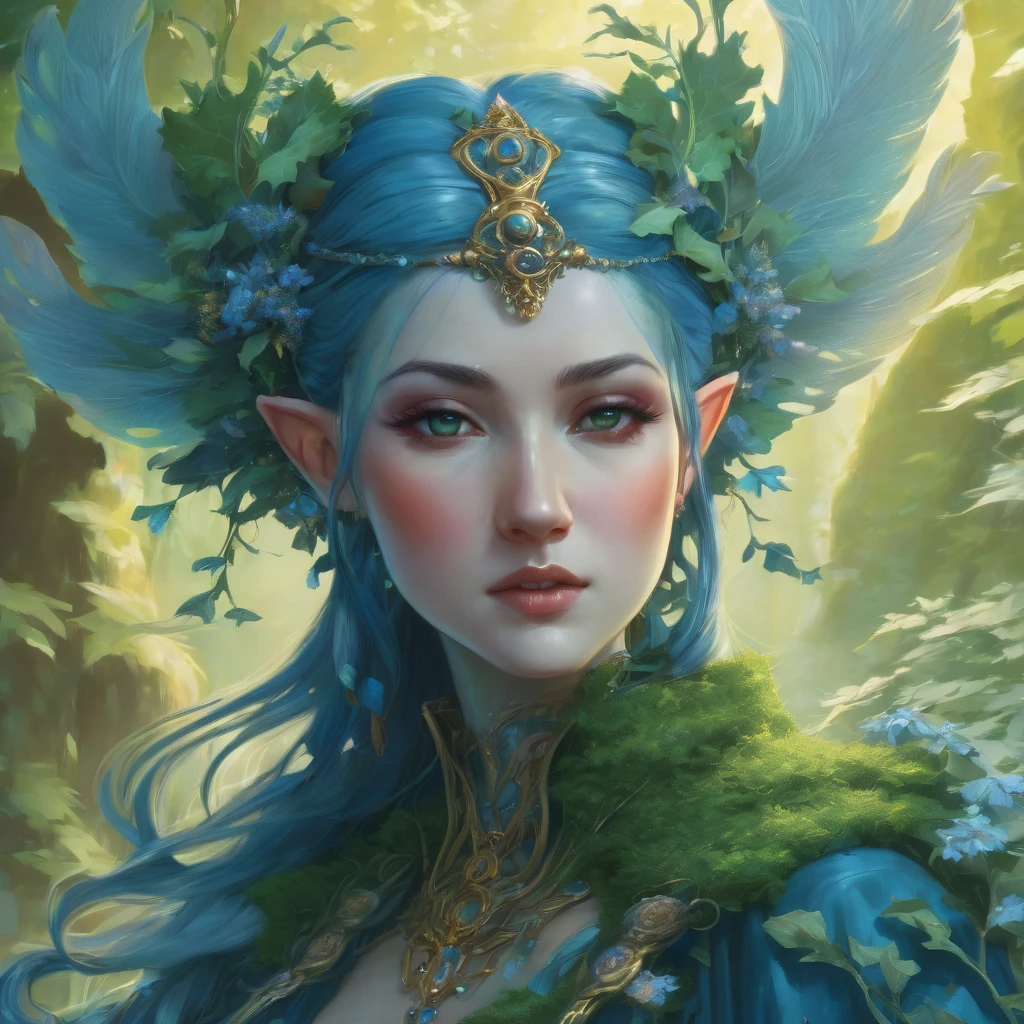 Dungeons & Dragons, aesthetic, dungeons and dragons, character portrait of a friendly dryad mister in a modest and ornate blue-grey outfit, medium shot, intricate, elegant, highly detailed. trending on artstation, digital art, by Stanley Artgerm Lau, WLOP, Rossdraws, James Jean, Andrei Riabovitchev, Marc Simonetti, Yoshitaka Amano. background by James Jean and Gustav Klim