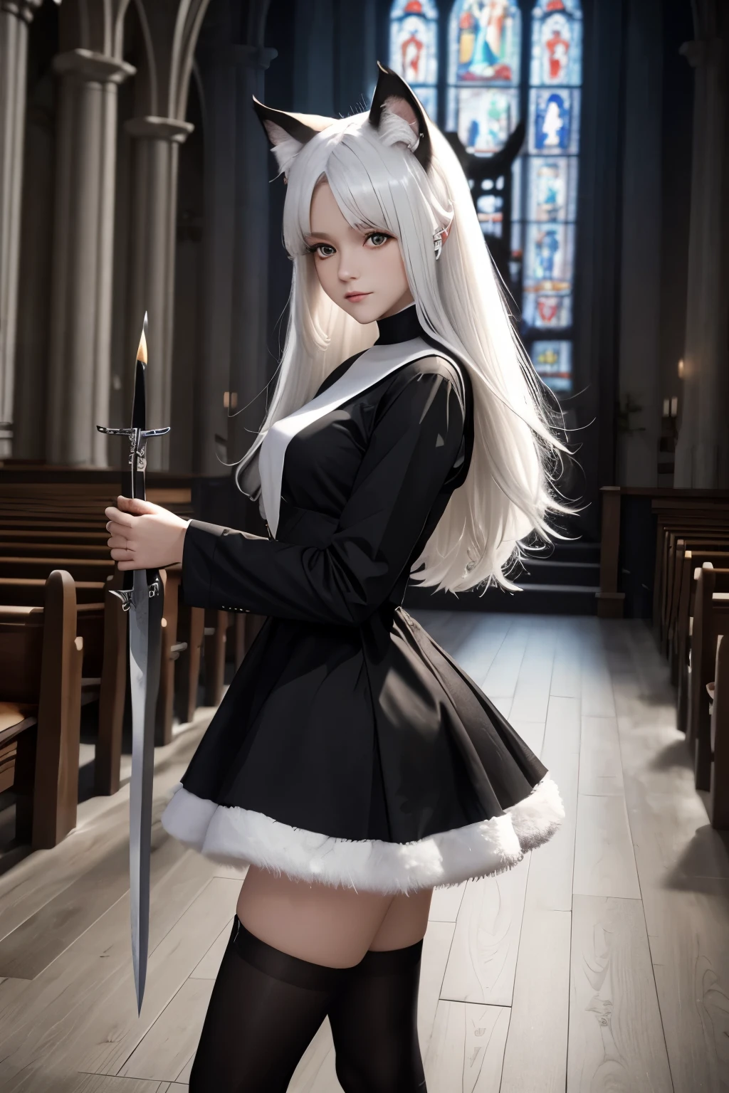 young woman ,height 155 centimeters ,breast size 1 ,ash white hair , fluffy ears with black tips ,white tail with black tip ,fox ,Someone ,cat , skirt ,stockings ,topic ,cat ears ,small ears ,Black Ear Tips,black tip of the tail , black ears ,черный foxий хвост ,two knives in hands , Two daggers in hand , two swords in hands ,skinny legs, monastic , a nun , church