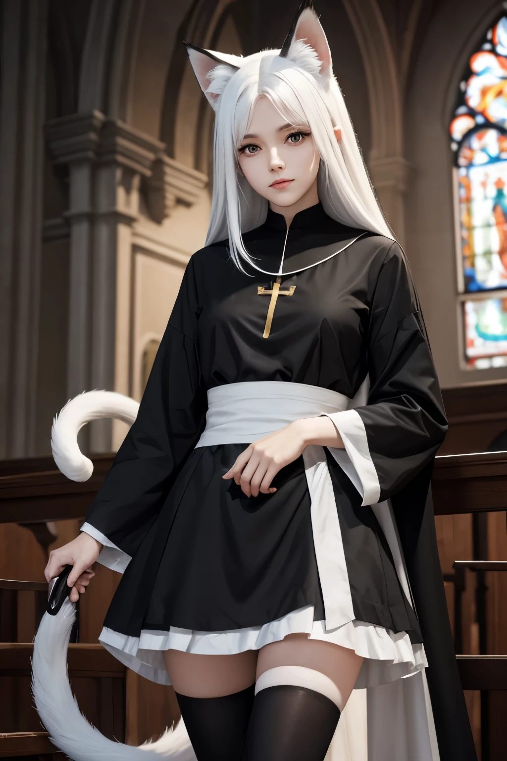 young woman ,height 155 centimeters ,breast size 1 ,ash white hair , fluffy ears with black tips ,white tail with black tip ,fox ,Someone ,cat , skirt ,stockings ,topic ,cat ears ,small ears ,Black Ear Tips,black tip of the tail , black ears ,черный foxий хвост ,two knives in hands , Two daggers in hand , two swords in hands ,skinny legs, monastic , a nun , church