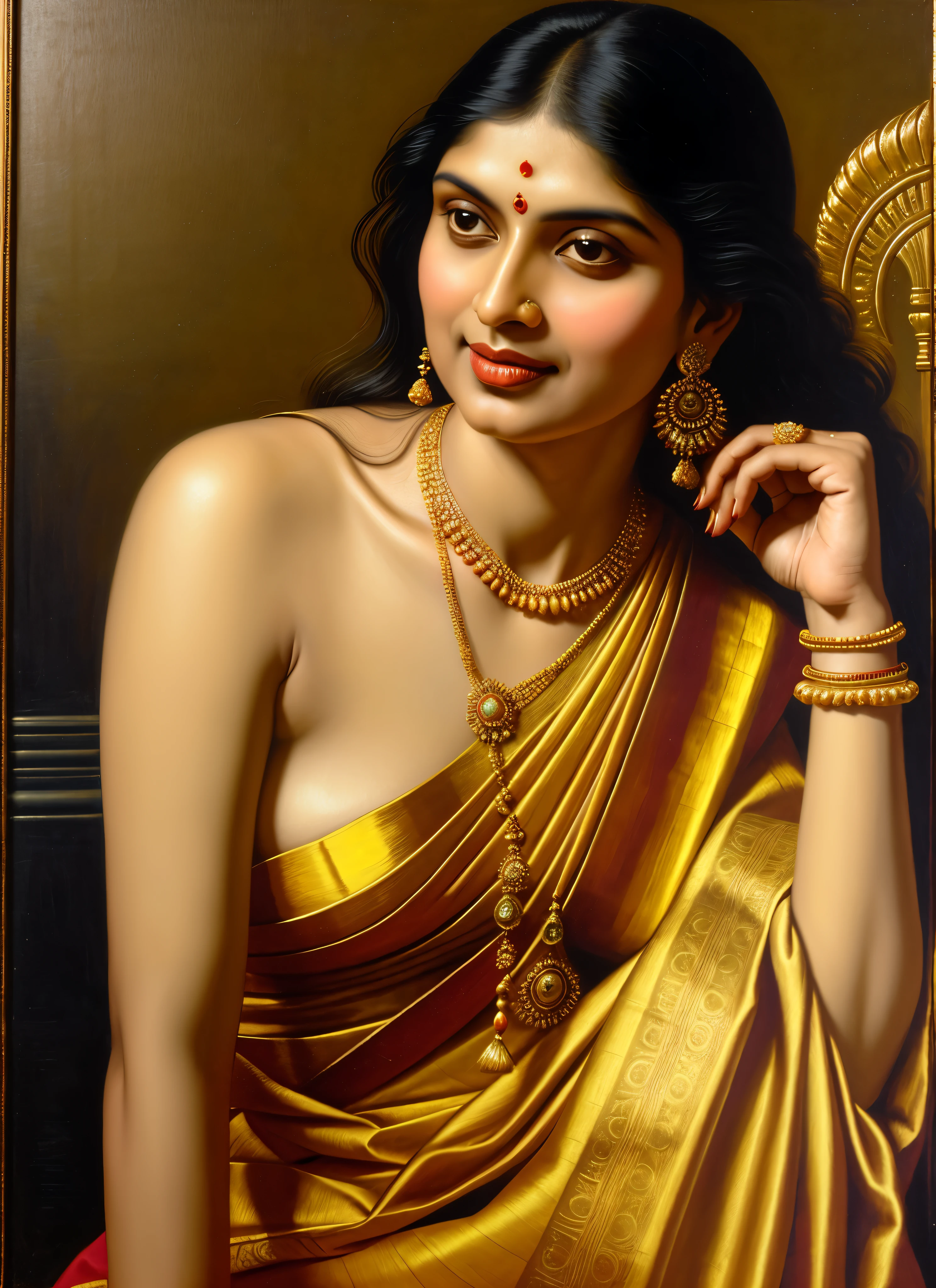 painting of a woman in a sari with a necklace and earrings, inspired by Raja Ravi Varma, szukalski ravi varma, portrait of a beautiful goddess, by Raja Ravi Varma, indian goddess, traditional beauty, a stunning portrait of a goddess, inspired by T. K. Padmini, indian art, indian goddess of wealth, portrait of a goddess