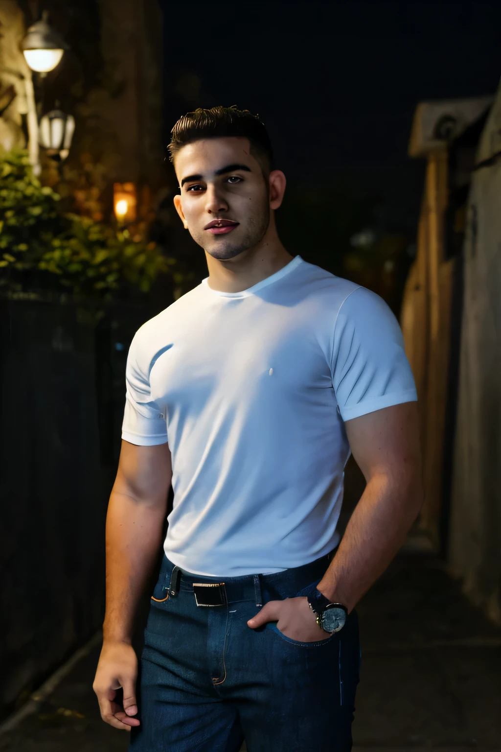 Photographed with a Kodak camera. Night. A 23-year-old male.Israeli Jew. Looking with the eyes outside the picture. average height . White skin color. tanned. Marines haircut . Black golf shirt . Jeans .shirt outside. Not looking at the camera. Night background, side street, iron fence.