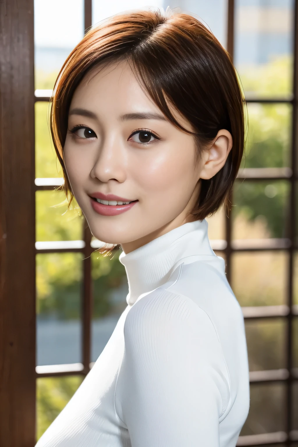 (highest quality,8K,masterpiece,realistic),
very beautiful japanese model,smile,30 years old,sharp face line,
big breasts,short hair,
turtleneck,