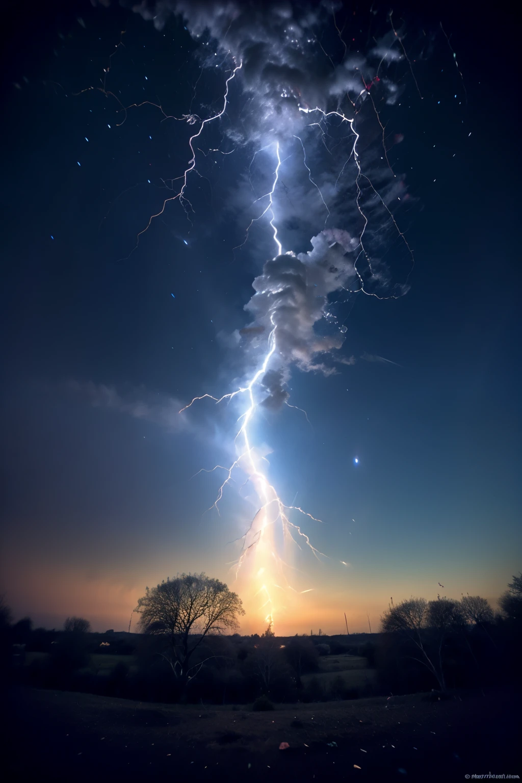 ((Mejor calidad)), ((obra maestra)), (detallado),un cielo estrellado, seen from afar a floating trunk cut in half without branches or leaves with a hole through it from the top to the roots,  desde el agujero del tronco cae el   cuerpo una mujer hacia el espacio, todo lo vemos desde el piso lejos de ellos 