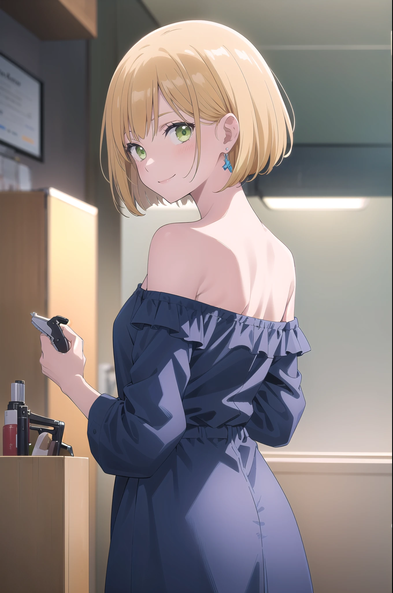 (((pixel-perfect, detail-perfect))), HDR, 4K, 1girl, solo, kinoshitaakane, exposed back, looking at viewer, upper body, blonde hair, bob_hair, short-hair, short bob hair, (((bobcut))), ((haircut:1.3)), undercut, bobbed hair, minibob, sidecut, buzz haircut, sidecut, side of head shaved, green eyes, ((Shave his hair)), Short ear hair, graduation bob, (cowboy shot:1.5), straight short hair, smile, blue shirt 