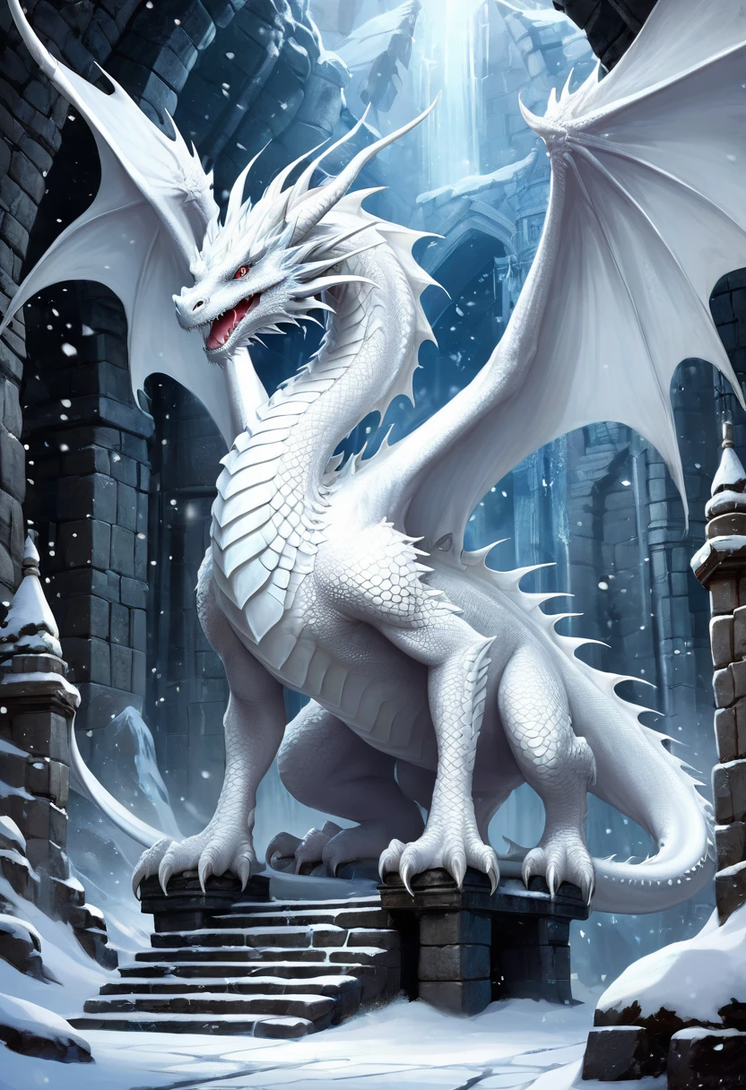  
        The huge body of the cute ice crystal dragon looks majestic and powerful in the dungeotomically correct)Its towering figure and huge wings show the power and majesty of its ruling . The dungeon is covered with white snow, and large snowflakes are flying. Magical fantasy details the image of the magnificent and lovely white dragon in the dungeon. Art work Fantasy landscape art intricate art ultra high definition Highly detailed digital art, Beautiful and detailed fantasy realistic fantasy illustrations 
