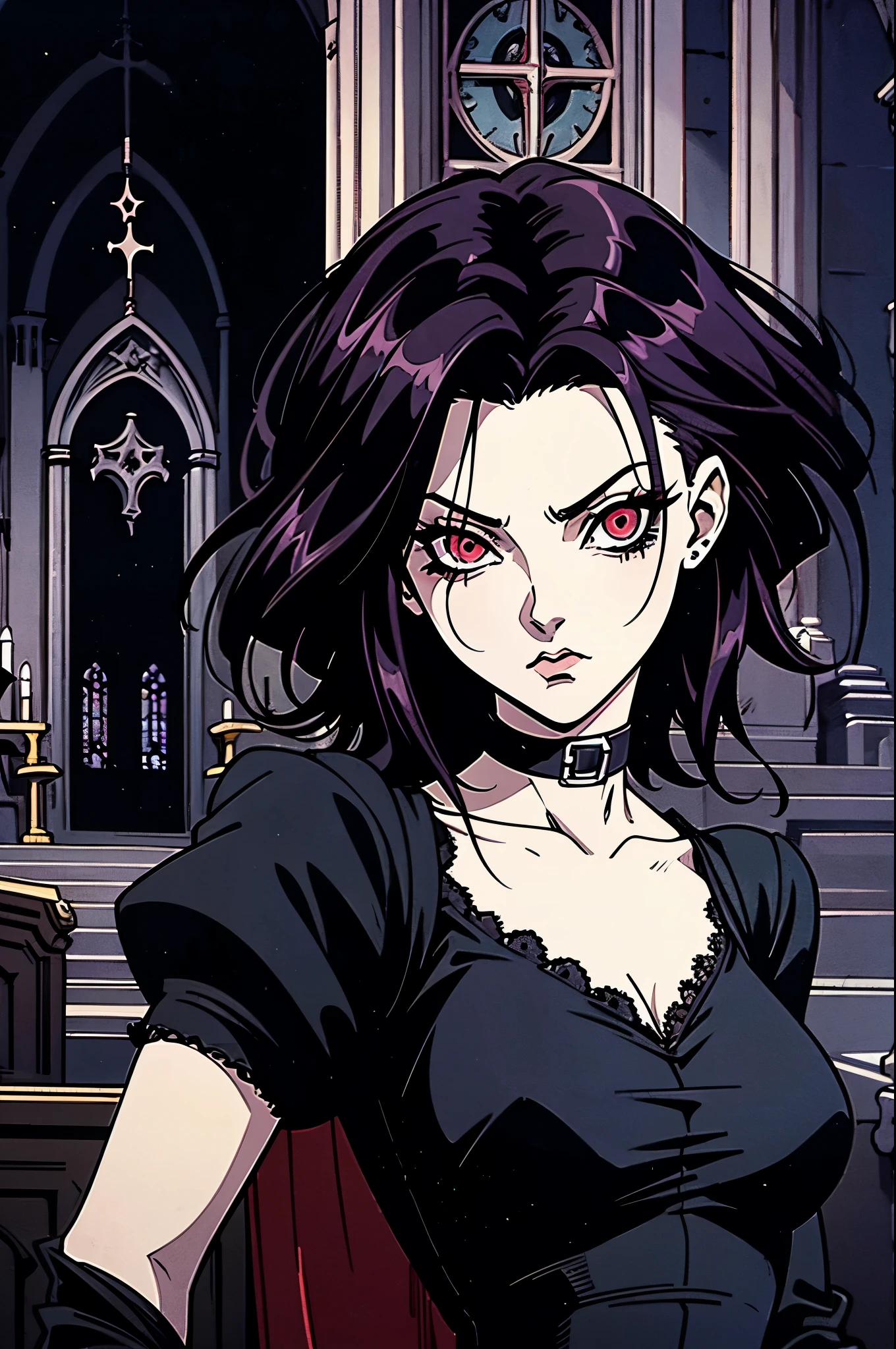 goth anime girl, 90s anime, gothic, 1women, dark church, red eyes, dark ambient, low saturation
