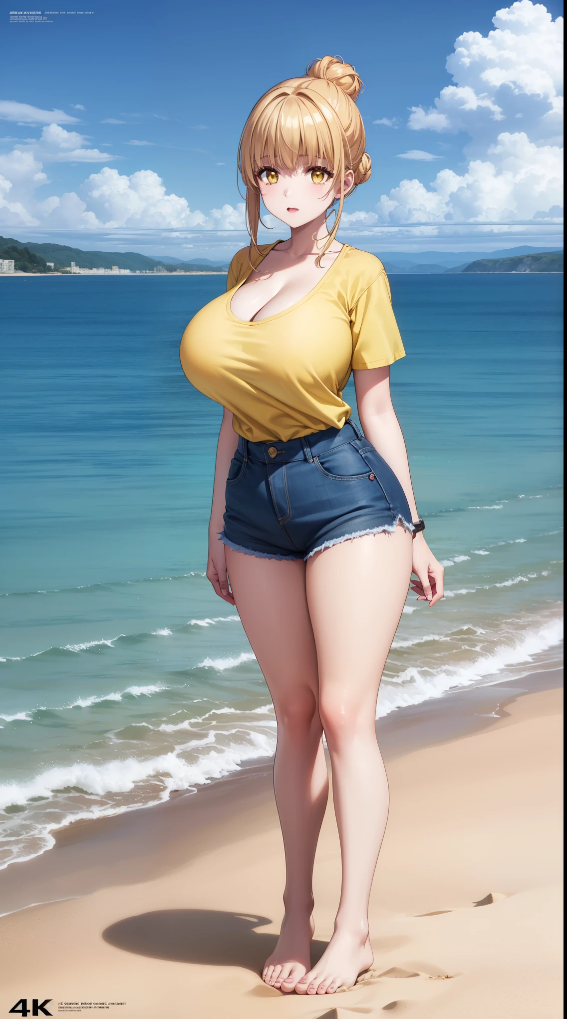 girl, solo, full body, from head to toe, beautiful body, perfect body, nice body, (Huge_Breasts:1.3),
standing in the beach,
mahiru shiina, bangs, blonde hair, brown hair, (yellow eyes:1.3),
shirt, sidelocks, hair bun, single hair bun, yellow shirt, minidolphinshorts, Cleavage
official art, extremely detailed CG unity 8k wallpaper, perfect lighting, Colorful, (best_quality:1.0), ultra high res,4K, ultra-detailed, 8K, HDR, high resolution, absurdres:1.2, film grain, (vibrant_color:1.2), (narrow waist),