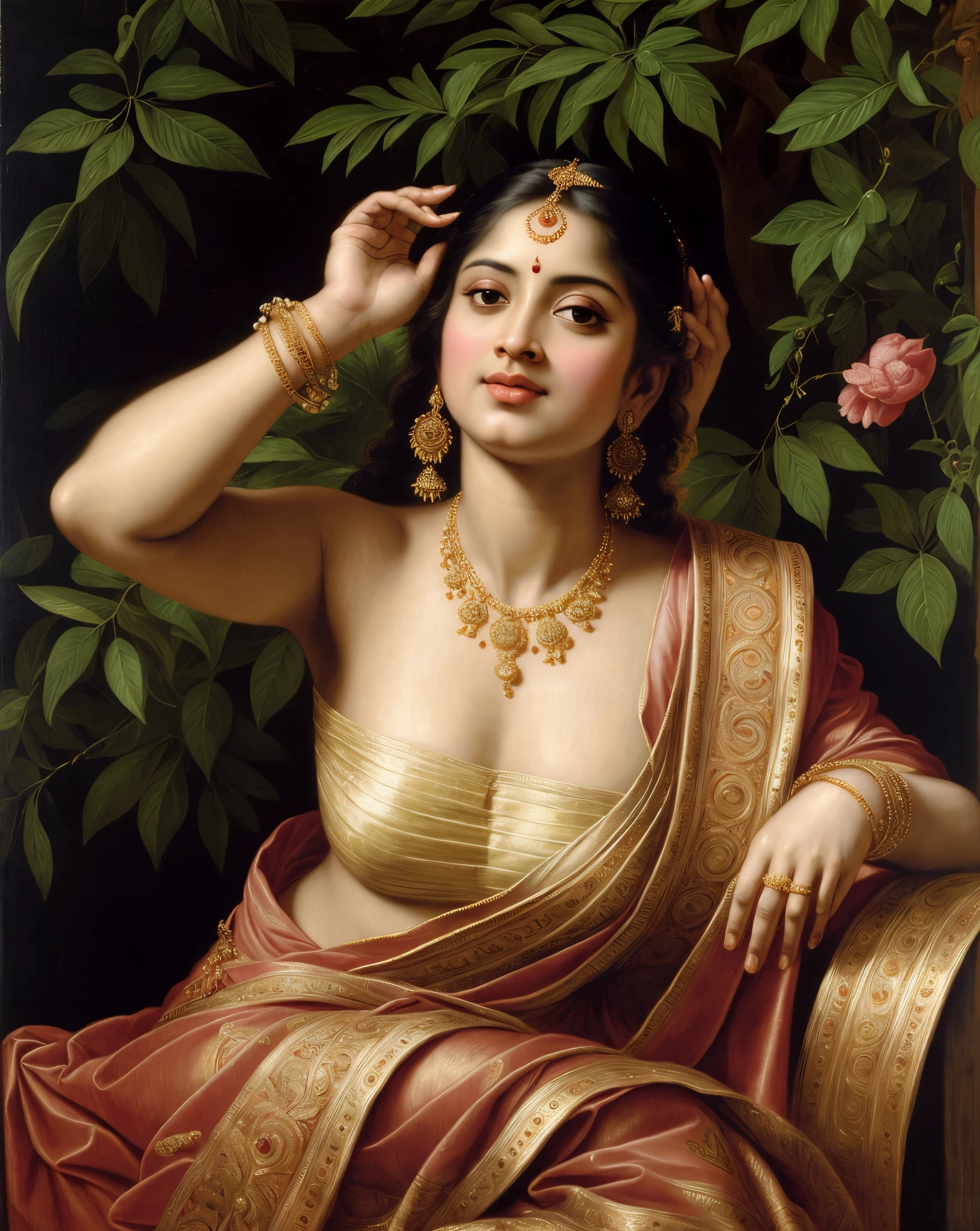 Beautiful Indian Woman, wearing saree, sari Beauty, gorgeous, Apsara, Maharani, royal queen woman, nymph from Hindu Mythology, Urvashi, matchless beauty, Highly detailed, Oil Painting by Peter Paul Rubens inspired by Raja Ravi Varma, Matchless beauty, captivating, gorgeous, heavenly beauty, celestial beauty, by Peter Paul Rubens, 13, realistic, hyper realistic, micro details, incredible artwork, insane details, ultra High resolution, 8k, 32k, acrylic on canvas, intricate, flawless, detailed, detailed face, detailed eyes, masterpiece, by Peter Paul Rubens, by Caravaggio, by William Adolphe bouguereau, perfect face, perfect body, beautiful art, realism, baroque, renaissance Art, highly textured, beautiful and detailed eyes, uhd, best quality,
