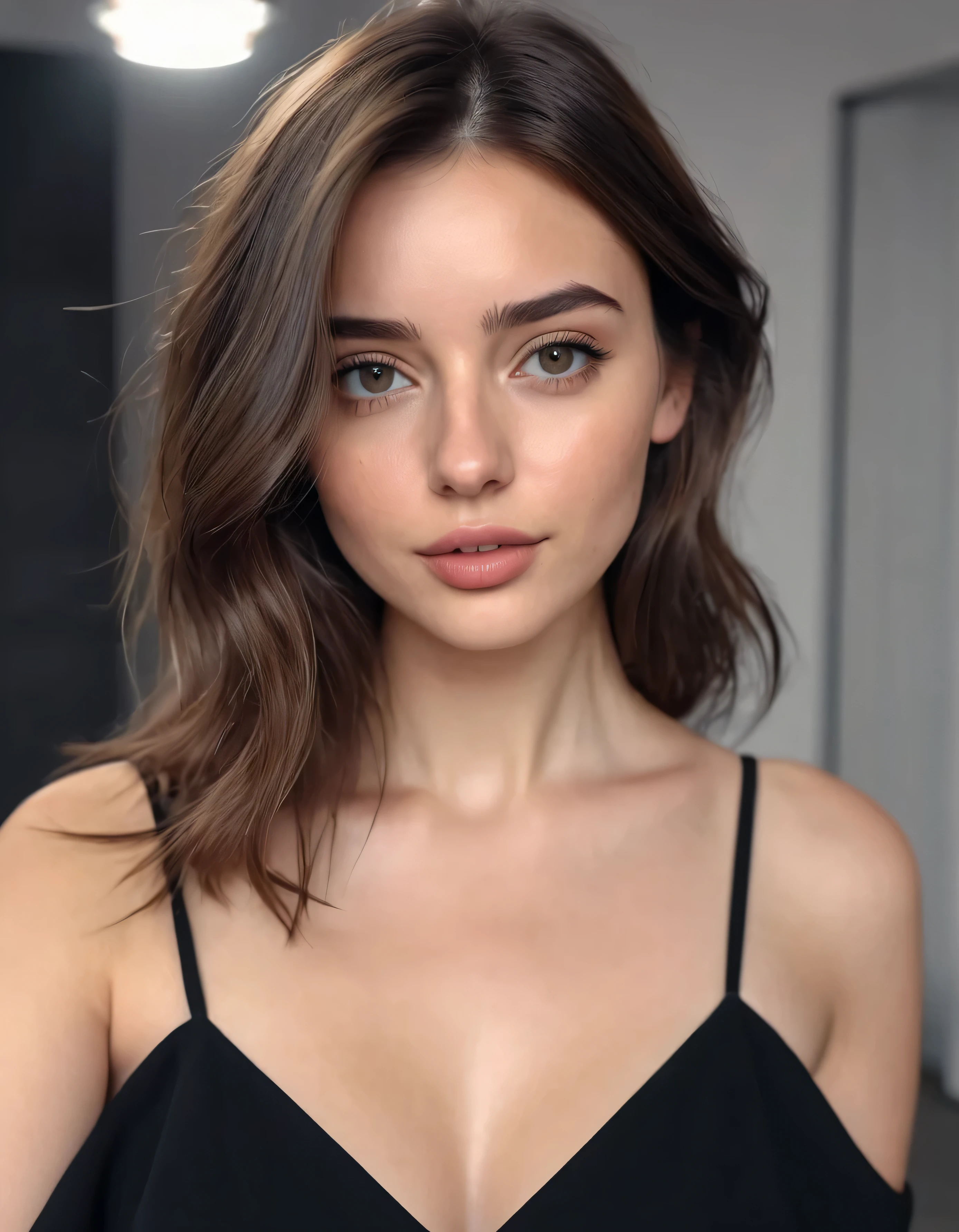 1girl in, Alter16, nur, Lange Haare, Kolossale Titten, Blick auf den Betrachter, schwarzhaar, nackte Schultern, braune Augen, Schmuck, full entire body, eine Halskette, schulterfrei, Pullover, realistisch, Eine sexy