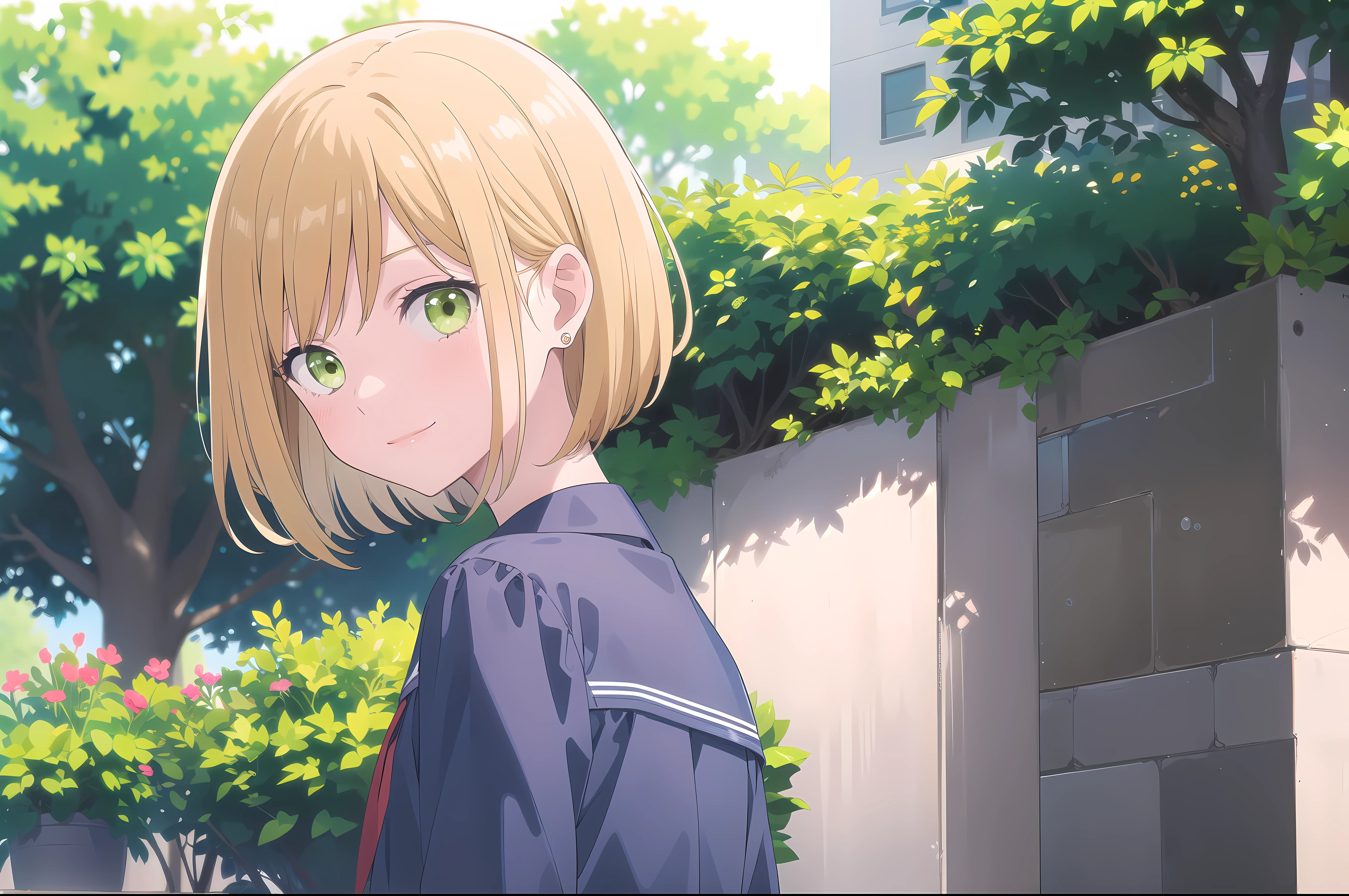 (((pixel-perfect, detail-perfect))), HDR, 4K, 1girl, solo, kinoshitaakane, exposed back, looking at viewer, upper body, blonde hair, bob_hair, short-hair, short bob hair, (((bobcut))), ((haircut:1.3)), undercut, bobbed hair, minibob, sidecut, buzz haircut, sidecut, green eyes, Short ear hair, graduation bob, straight short hair, smile, blue shirt 