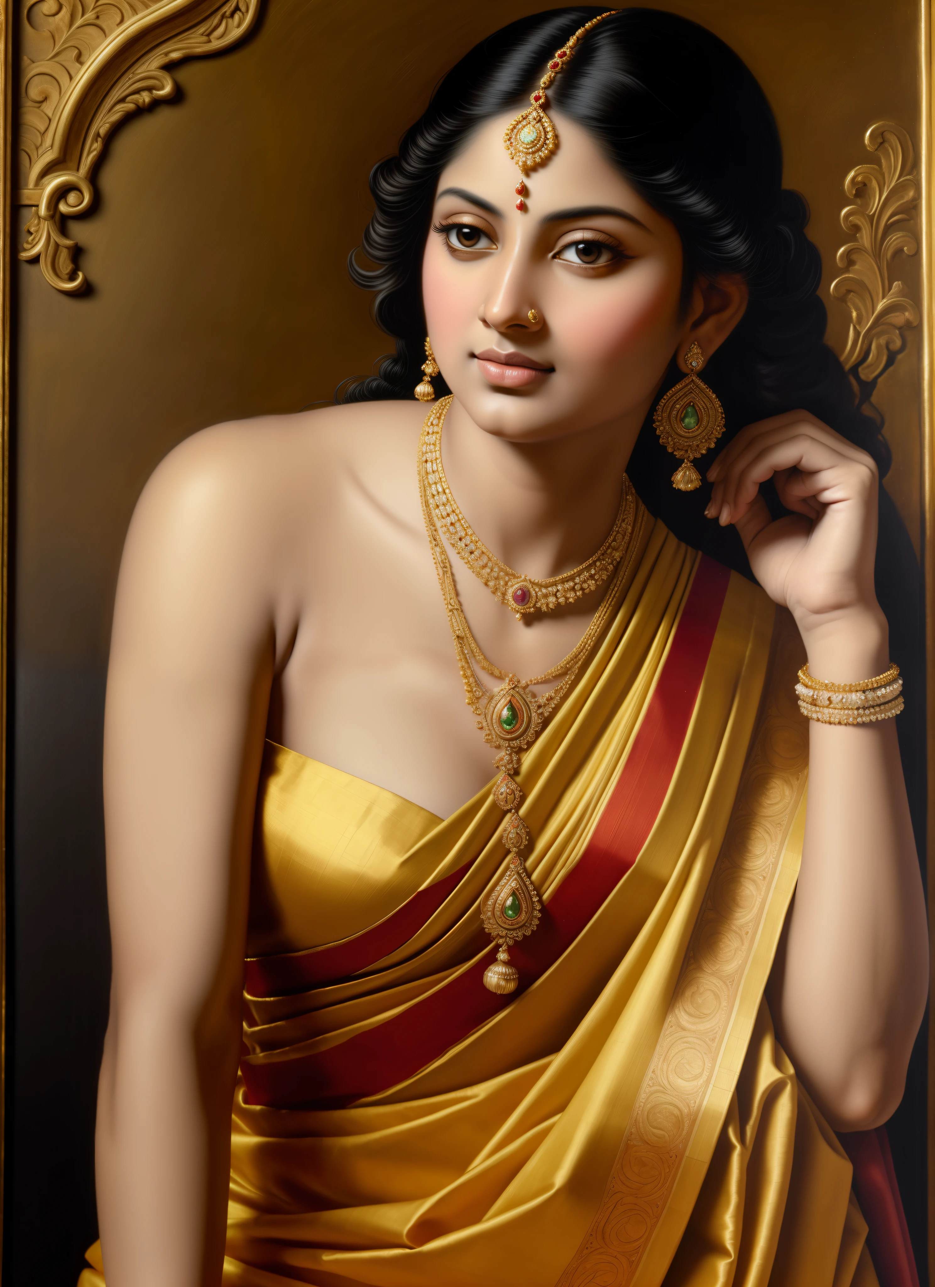 Beautiful Indian Woman, wearing saree, sari Beauty, gorgeous, Apsara, Maharani, royal queen woman, nymph from Hindu Mythology, pierced eyes, Urvashi, matchless beauty, Highly detailed, Oil Painting by Peter Paul Rubens inspired by Raja Ravi Varma, Matchless beauty, captivating, gorgeous, heavenly beauty, celestial beauty, by Peter Paul Rubens, 13, realistic, hyper realistic, micro details, incredible artwork, insane details, ultra High resolution, 8k, 32k,  acrylic on canvas, intricate, flawless, detailed, detailed face, detailed eyes, masterpiece, by Peter Paul Rubens, by Caravaggio, by William Adolphe bouguereau, perfect face, perfect body, beautiful art, realism, baroque, renaissance Art, highly textured, beautiful eyes, uhd, best quality,