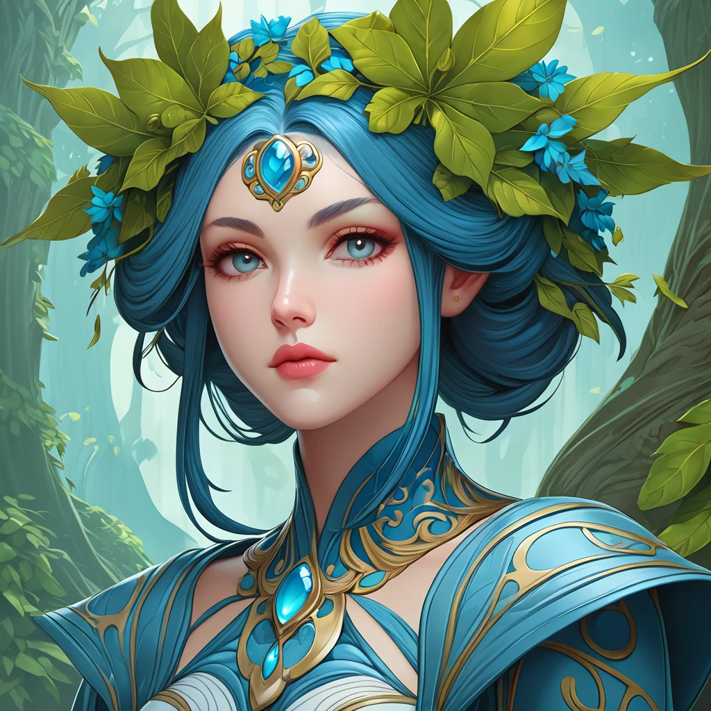 Dungeons & Dragons, aesthetic, dungeons and dragons, character portrait of a friendly dryad mister in a modest and ornate blue-grey outfit, medium shot, intricate, elegant, highly detailed. trending on artstation, digital art, by Stanley Artgerm Lau, WLOP, Rossdraws, James Jean, Andrei Riabovitchev, Marc Simonetti, Yoshitaka Amano. background by James Jean and Gustav Klim