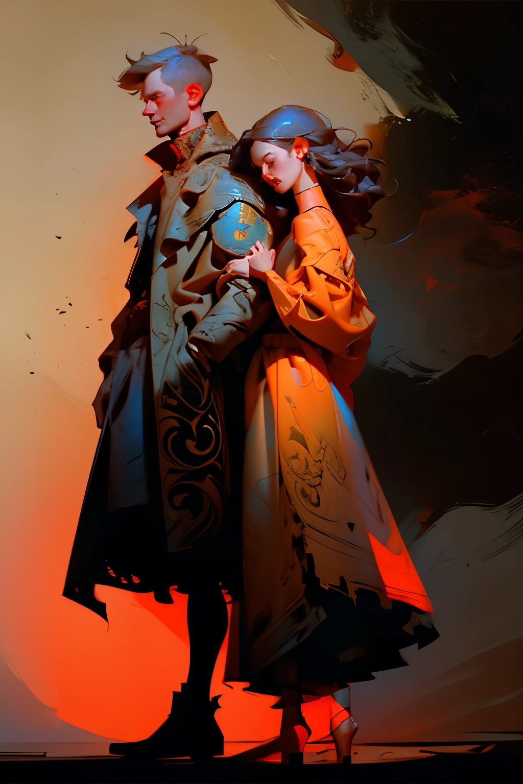 In the corner of a dimly lit room, Yellow and Red, two melancholic figures, weep bitterly. The scene is painted in an impressionistic style, reminiscent of the works of Jeremy Mann and Charles Dana Gibson, with Mark Demsteader's and Paul Hedley's concept art influences. The image is rendered in gouache wash, evoking a cinematic and calligraphic aesthetic. Hues of deep yellow and rich red dominate the palette, adding to the dark, dramatic, and mysterious tone. Delicate, boho-style patterns adorn the background, adding to the modern vintage feel of the illustration. The figures' distressed, textured clothing