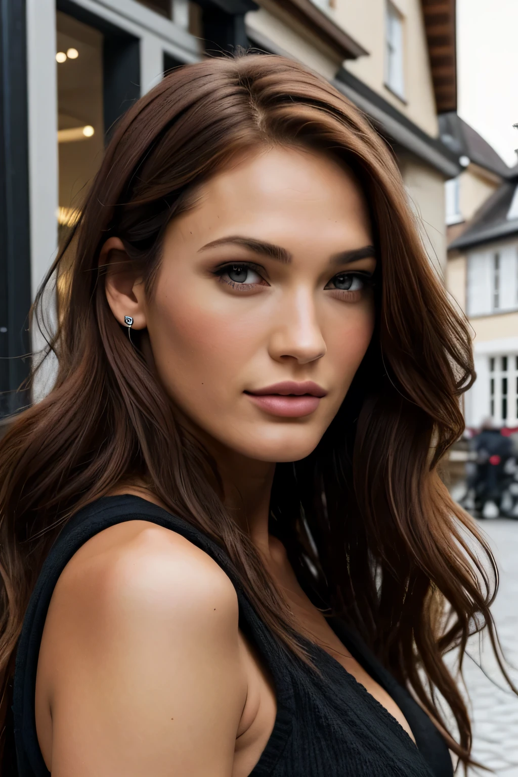 1 fille d'next door with long colorful red hair, Mix out of 10% Megan Fox et 15 ans% Gal Gadot et 20% Blake Lively, 172 cm de hauteur, poids 68 kg, cheveux longs et roux intenses, soft and curly, yeux vert clair, longs cils noirs foncés, sourcils noirs foncés parfaitement dessinés, dark caramel tanned skin, slim and well defined body, Curvy Body, Fine and elegant nose, petites oreilles, full lips, dents blanches, petites mains douces et féminines, ongles peints, portant une veste d'hiver et un long jean noir, high resolution, chef-d'artwork, best quality, intricate details, Very detailed, sharpness, Detailed skin, texture de peau réaliste, texture de peau réelle, Realistic texture, professionnel, vrai vie, ultra-realistic, photorealism, La photographie, realistic La photographie, UHD, photo BRUTE, in a German town in front of a cafe, Jour d'hiver, humeur froide, full body La photographie