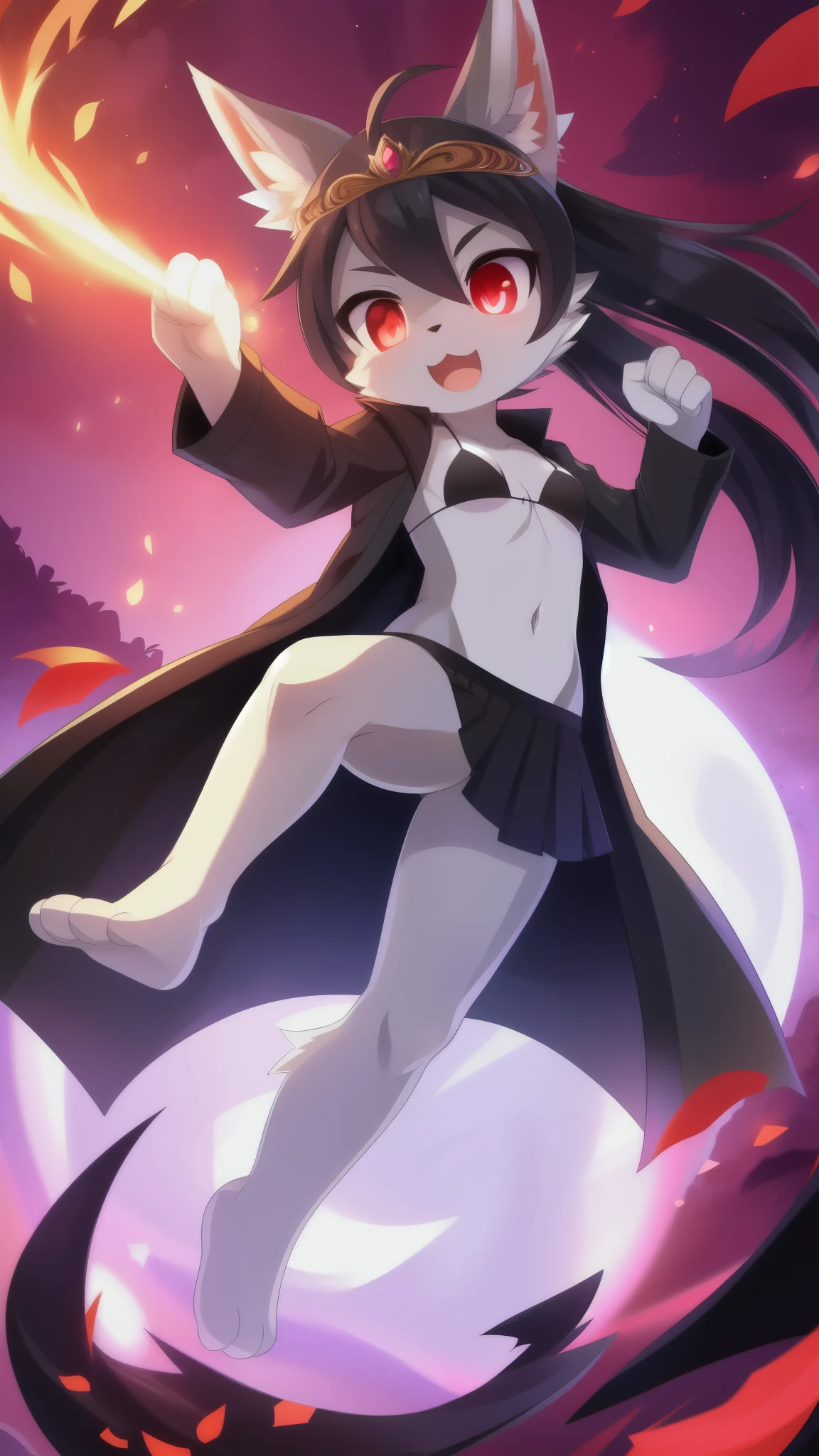 furry girl, wolf, black hair, punk hairstyle, long spiky ponytail, anime style, small breasts, red eyes, ((princess tiara, black jacket, open clothes, black bikini, black skirt)), navel, high quality, detailed body, detailed eyes, detailed face, masterpiece, glistening body, detailed body fur, best quality, two tone body, gray fur, clear gray fur, perfect lighting, perfect shadows, perfect eyes, perfect hair, perfect face, gorgeous body, :3, feets with three toes, full body, solo, magic aura, Action: Magic, Magic spell, Magic particles, glowing eyes, sakura tree forest, clear sky, flying kick, kicking, barefoot, open mouth, 