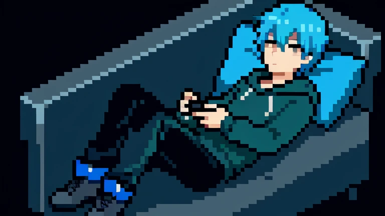 young guy, in a blue hoodie, in black pants, gray boots, On the couch, with white eyes, resting lying down, watching TV, (in a dark room).