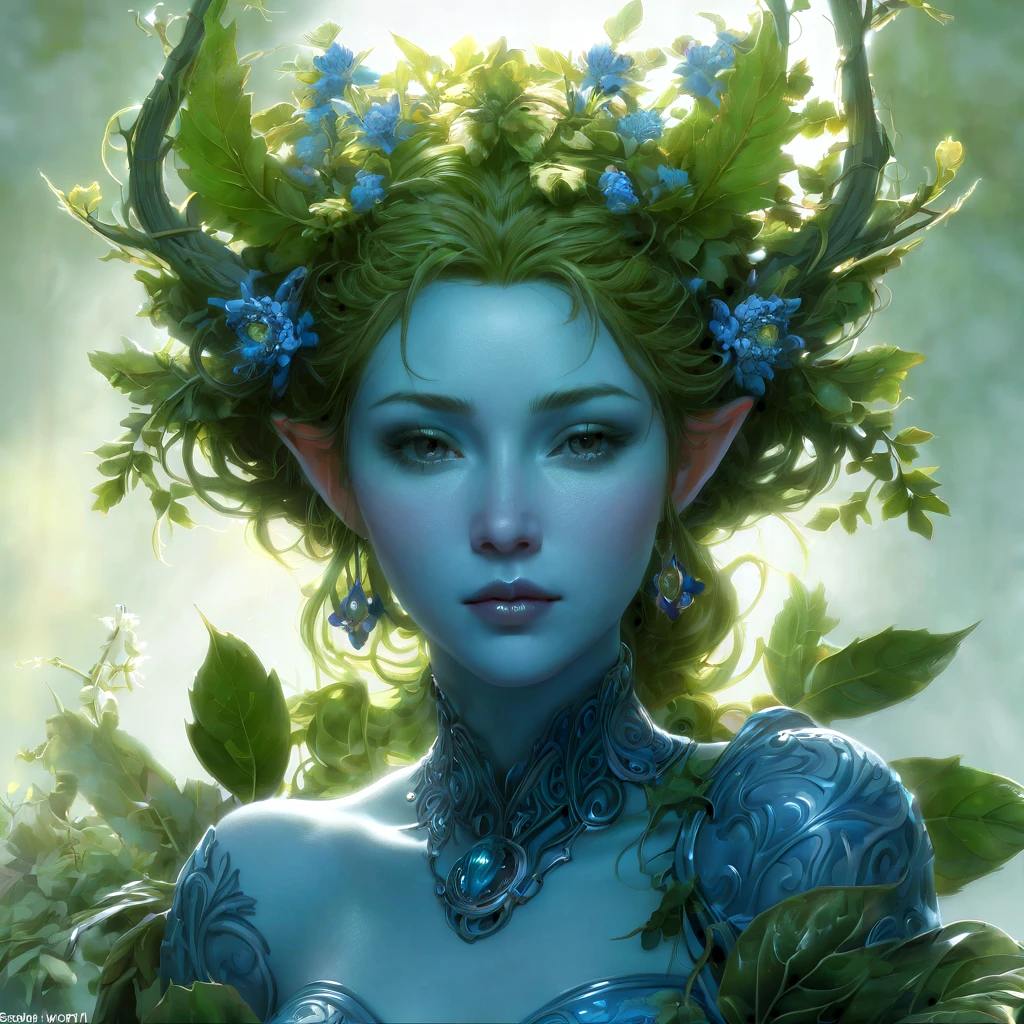 Dungeons & Dragons, aesthetic, dungeons and dragons, character portrait of a friendly dryad mister in a modest and ornate blue-grey outfit, medium shot, intricate, elegant, highly detailed. trending on artstation, digital art, by Stanley Artgerm Lau, WLOP, Rossdraws, James Jean, Andrei Riabovitchev, Marc Simonetti, Yoshitaka Amano. background by James Jean and Gustav Klim