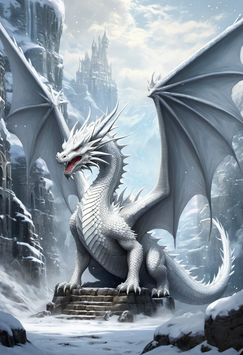  
        The huge body of the cute ice crystal dragon looks majestic and powerful in the dungeotomically correct)Its towering figure and huge wings show the power and majesty of its ruling . The dungeon is covered with white snow, and large snowflakes are flying. Magical fantasy details the image of the magnificent and lovely white dragon in the dungeon. Art work Fantasy landscape art intricate art ultra high definition Highly detailed digital art, Beautiful and detailed fantasy realistic fantasy illustrations 