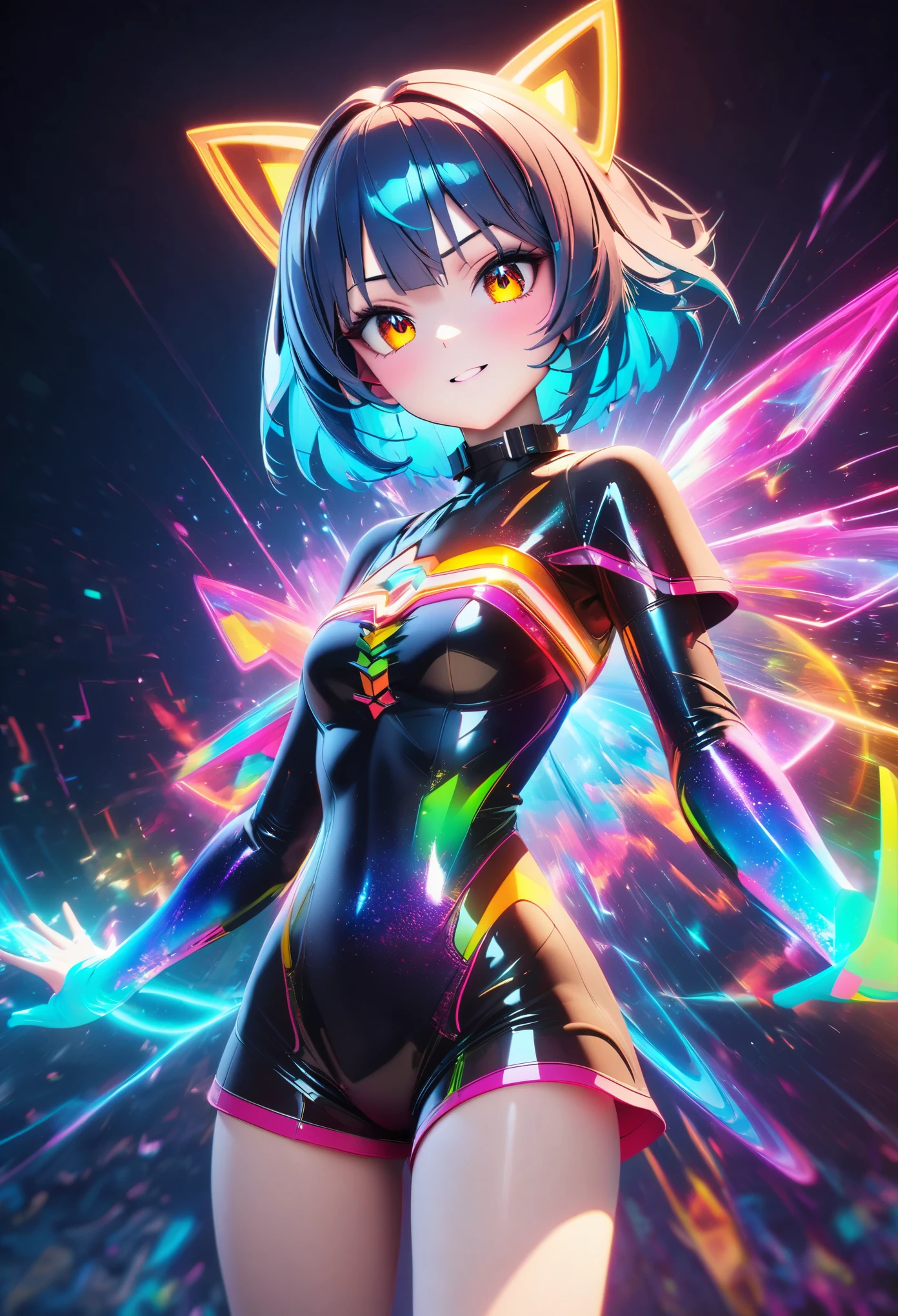holography, draw in neon colors:1 girl:Future, transparent, Three dimensions, light, SF, Digital art, Digital, scientific, dark background: electronic circuit: draw in neon colors, 3D, masterpiece, Digital space, energy, beautiful, masterpiece, 8K, light, be familiar with, lively, colorful, nice, beautiful, rich colors, beautiful Light Lines. magic effect, Sparkling, beautiful Light Grains;Megumin