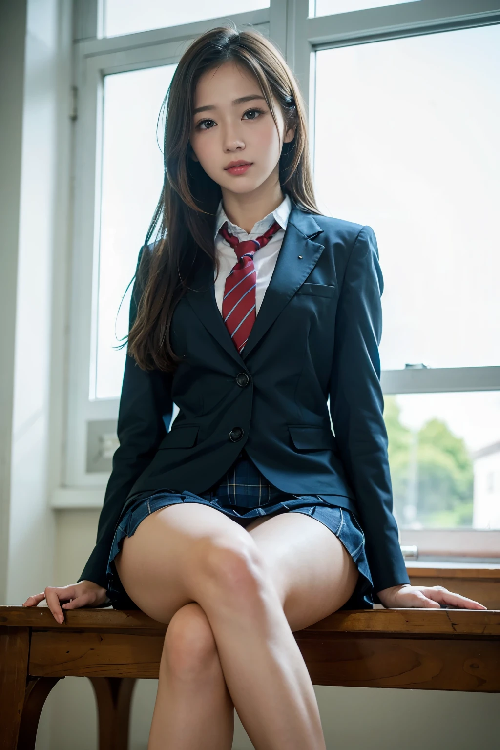 8k, RAW, masterpiece, (Photoreal:1.2), ultra high resolution, highest quality, real life photos, (in the evening :1.1),girl, with highschool uniform and skirt, show off thick ((thigh)), sit, cross legs, hold the crotch by hand, from below, from front, 