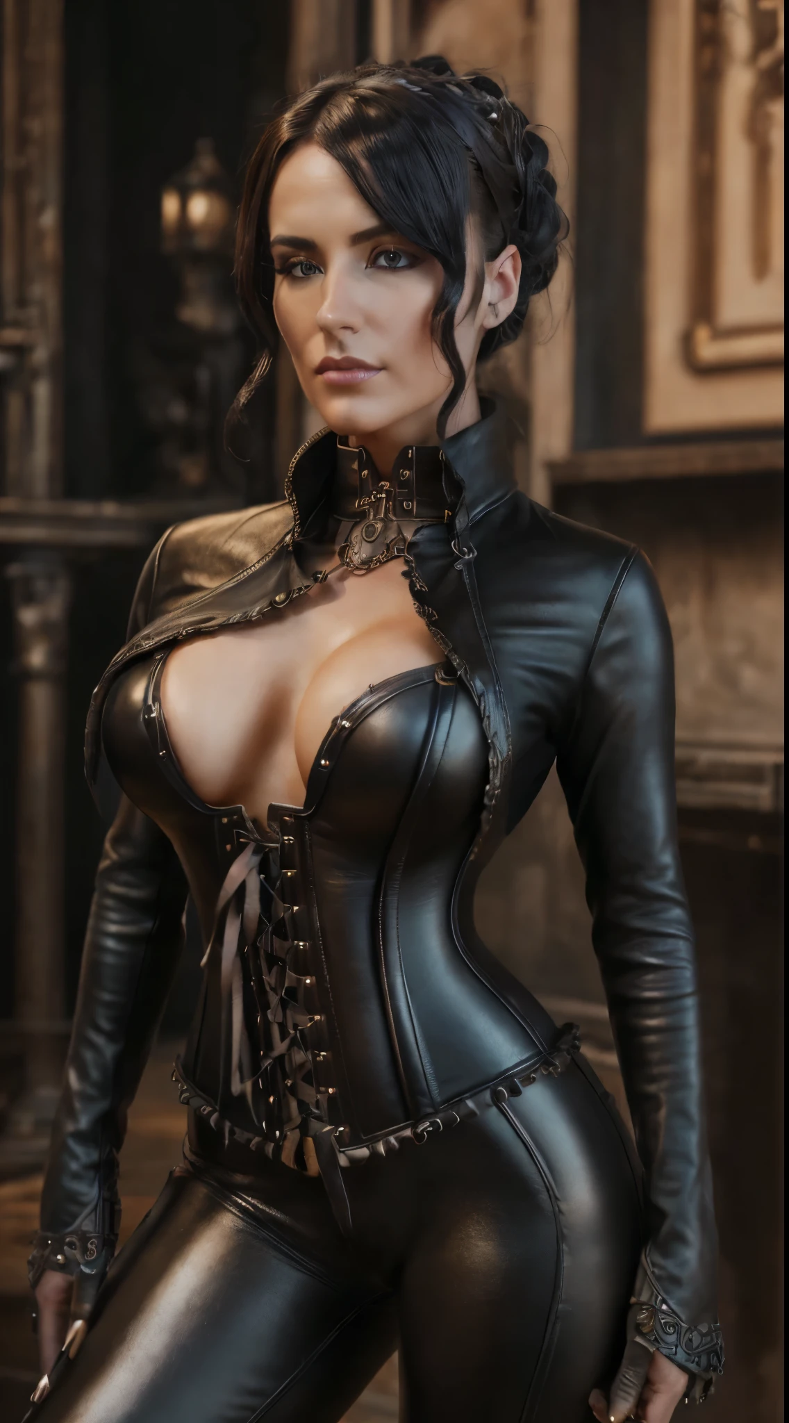 (best quality,4k,8k,highres,masterpiece:1.2),ultra-detailed,(realistic,photorealistic,photo-realistic:1.37), Woman, leather bodice, skin tight leather pants, steampunk, Gothic style, dark atmosphere, metal accessories, intricate corset, Victorian era, brass goggles