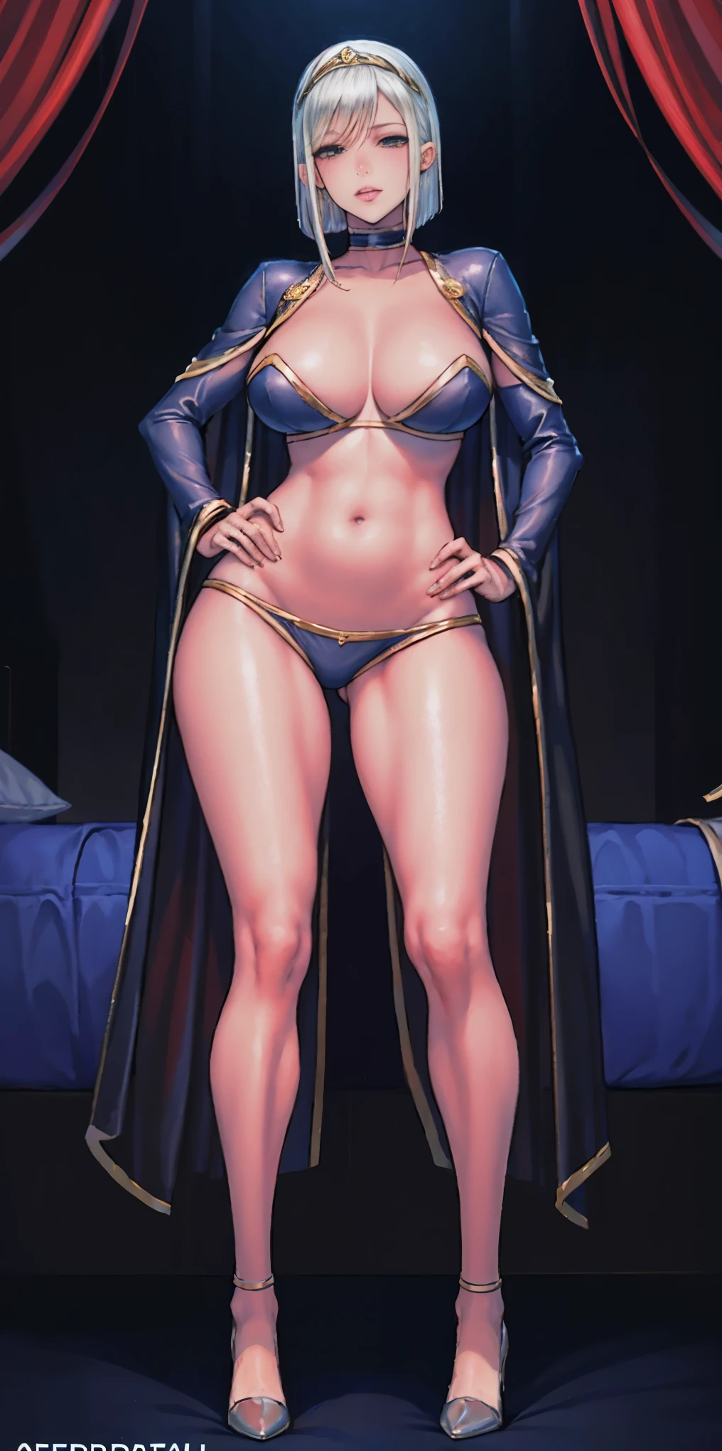 full body female (Warhammer Art Style, Adepta Sororitas, Battle Sister, White hair, bob haircut with bangs. 16k ultra hd, portrait), holding hands a bouquet (both hands) photorealistic, fullbody, bedroom background, royal bedroom, black gloves, black socks, tiara, white hair, laying down on bed, red cape, yellow bikini, high heels, raw photo, DSLR, 8k, 4k, UHD, DSLR, high quality, soft lighting, nikon, canon, hands on hips. red tattoo on belly