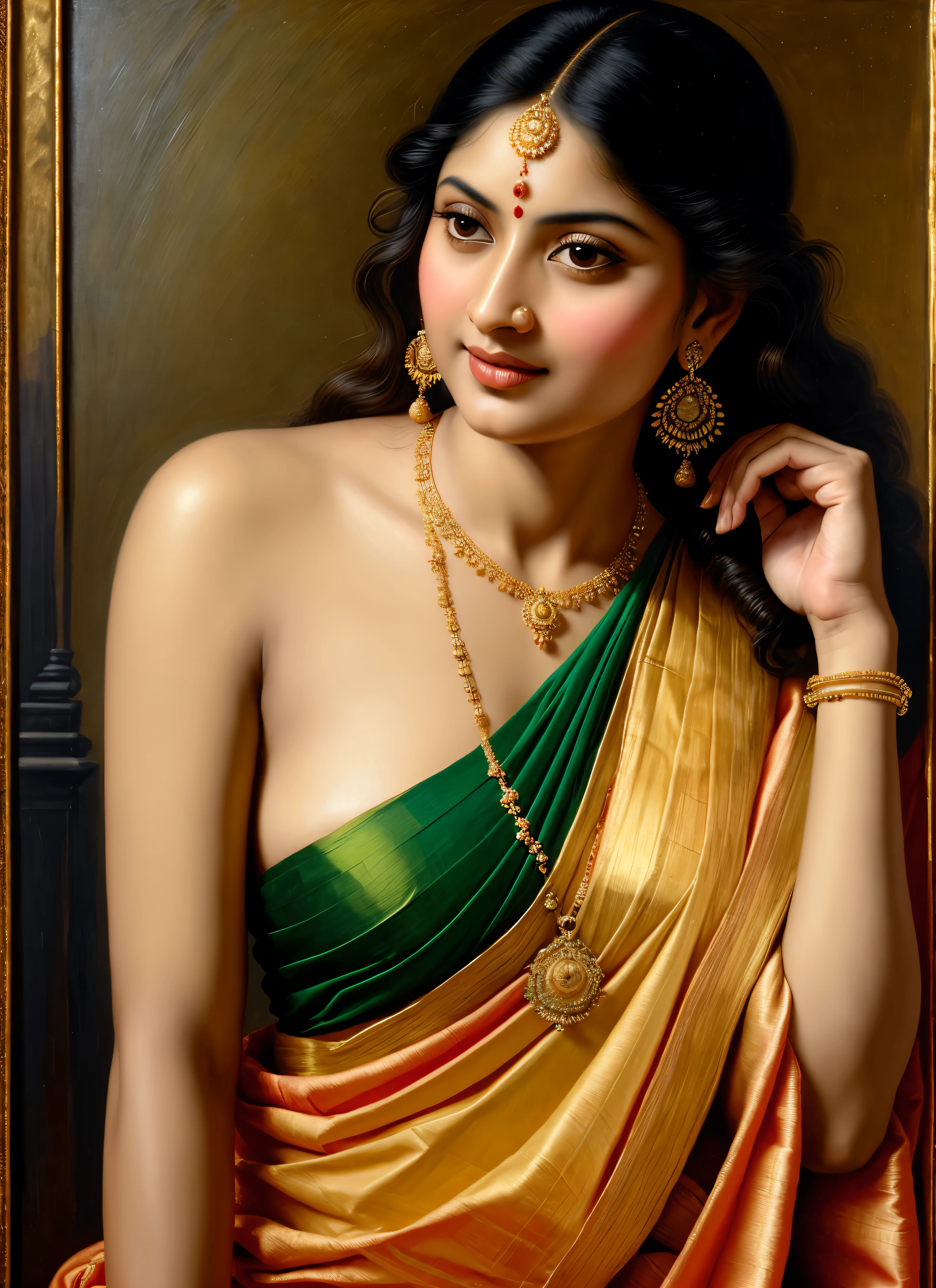 Beautiful Indian Woman, wearing saree, sari Beauty, gorgeous, Apsara, Maharani, royal queen woman, nymph from Hindu Mythology, Urvashi, matchless beauty, Highly detailed, Oil Painting by Peter Paul Rubens inspired by Raja Ravi Varma, Matchless beauty, captivating, gorgeous, heavenly beauty, celestial beauty, by Peter Paul Rubens, 13, realistic, hyper realistic, micro details, incredible artwork, insane details, ultra High resolution, 8k, 32k, acrylic on canvas, intricate, flawless, detailed, detailed face, detailed eyes, masterpiece, by Peter Paul Rubens, by Caravaggio, by William Adolphe bouguereau, perfect face, perfect body, beautiful art, realism, baroque, renaissance Art, highly textured, beautiful and detailed eyes, uhd, best quality,