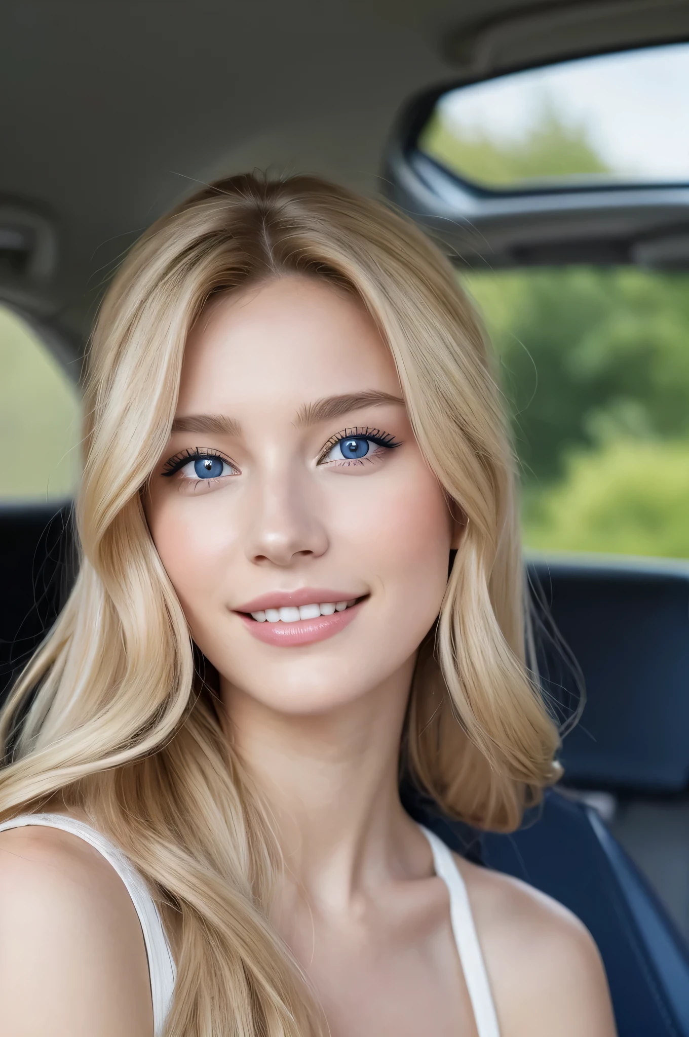 Belle Femme de 20 ans, cheveux blond clair mi longs, yeux bleu, French, Realistic, souriante, heureuse, dans une voiture,