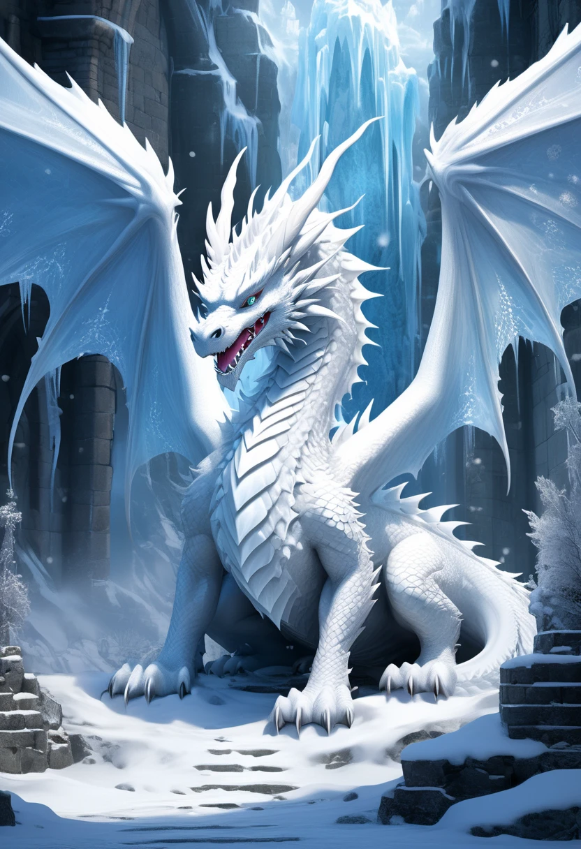  
        The huge body of the cute ice crystal dragon looks majestic and powerful in the dungeotomically correct)Its towering figure and huge wings show the power and majesty of its ruling . The dungeon is covered with white snow, and large snowflakes are flying. Magical fantasy details the image of the magnificent and lovely white dragon in the dungeon. Art work Fantasy landscape art intricate art ultra high definition Highly detailed digital art, Beautiful and detailed fantasy realistic fantasy illustrations 