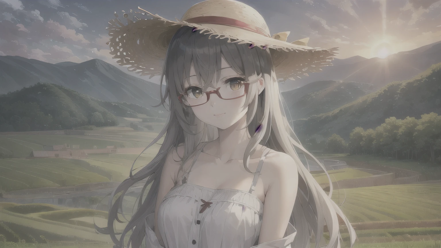 masterpiece, highest quality, High resolution, Hachishaku-sama,beauty,younger sister,Fair skin,expensive,long hair,gray hair,white dress,straw hat,Red-framed glasses,yellow eyes,Rural rice field road,evening,