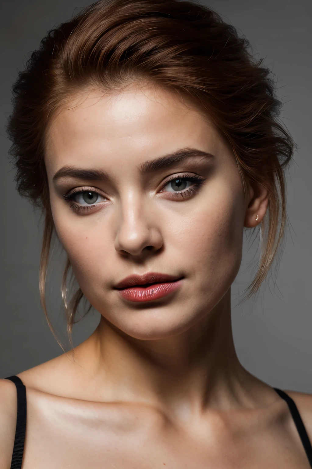((Photographie de portrait)),(best quality, high quality, sharpness:1.4), belle femme européenne, (cheveux roux:1.1), taches de rousseur, mode visage, se maquiller, (slightly matte lipstick:1.1), regarde le spectateur, chemise, best quality, Realistic , chef-d&#39;artwork, Dark theme, Tanned, latina