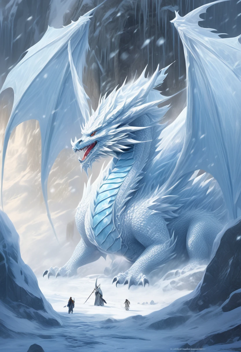  
        The huge body of the cute ice crystal dragon looks majestic and powerful in the dungeotomically correct)Its towering figure and huge wings show the power and majesty of its ruling . The dungeon is covered with white snow, and large snowflakes are flying. Magical fantasy details the image of the magnificent and lovely white dragon in the dungeon. Art work Fantasy landscape art intricate art ultra high definition Highly detailed digital art, Beautiful and detailed fantasy realistic fantasy illustrations 