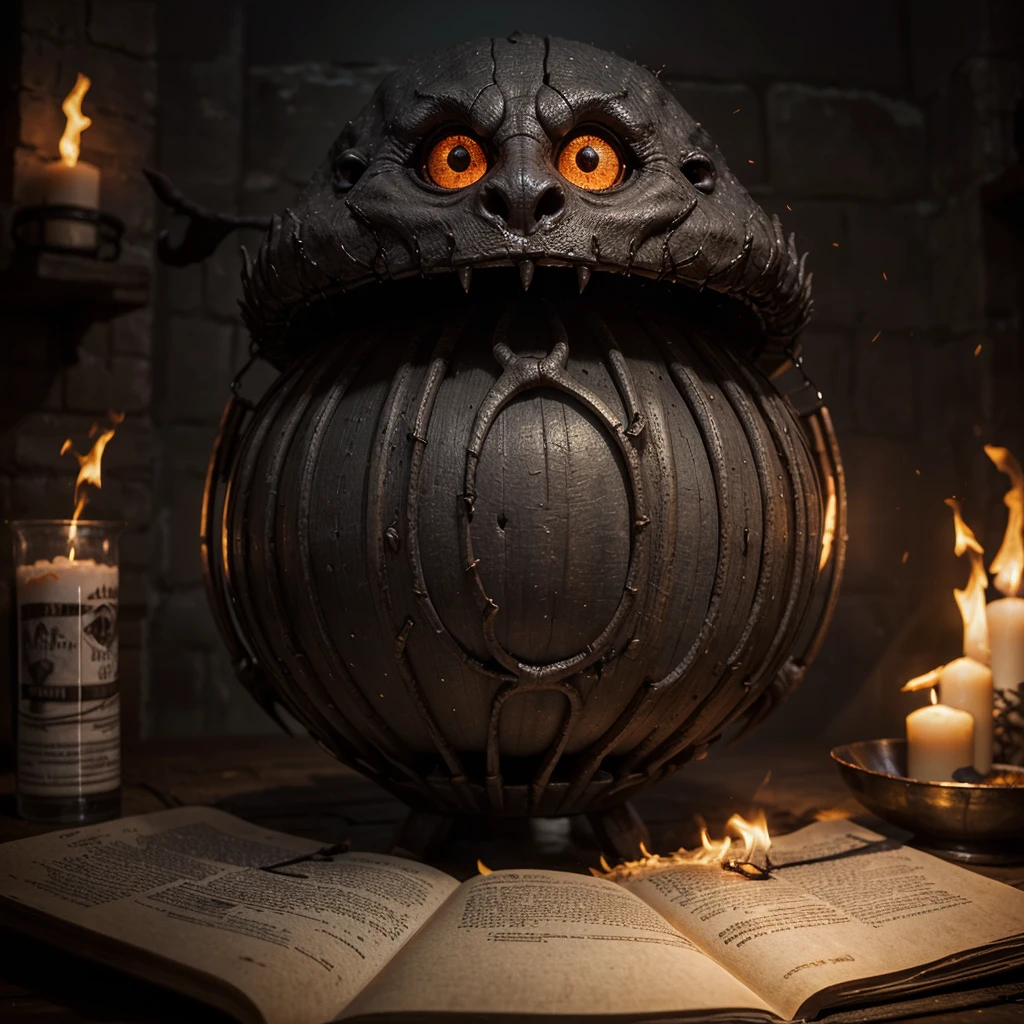 (best quality:1.2,ultra-detailed,realistic:1.37),monster,behemoth,demonic presence,magic,levitating cookbook,central eye, enormous eye,sinister,cauldron,fire,adventurers,caged,Dungeons&Dragons,menacing,shadowy,restrained,magical aura,creepy atmosphere,ominous,spellbound,mystical,enchanted,spell-casting,monstrous,dark fantasy,dimly lit,struggling,wizardry,unearthly,hovering,menacing presence,enchanting recipe,sorcery,spells,conjured,terrifying magics,runic symbols,mythical,mysterious,unleashing power
