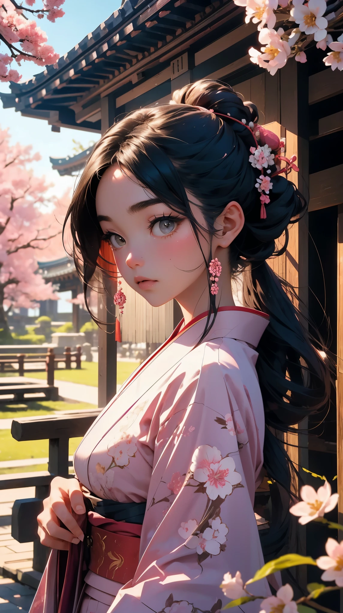 (best quality,4k,8k,highres,masterpiece:1.2), A picturesque scene featuring a beautiful Japanese woman, in her 20s, wearing a traditional Kimono. She is of East Asian descent with her hair styled neatly. The backdrop includes an ancient temple indicative of Japan's rich historical and architectural heritage. Also present are Sakura blossom trees in full bloom, their pink flowers adding a soft contrast to the image. The scene is tranquil with a touch of natural beauty greatly emphasized by the blossoming trees and the ancient temple.