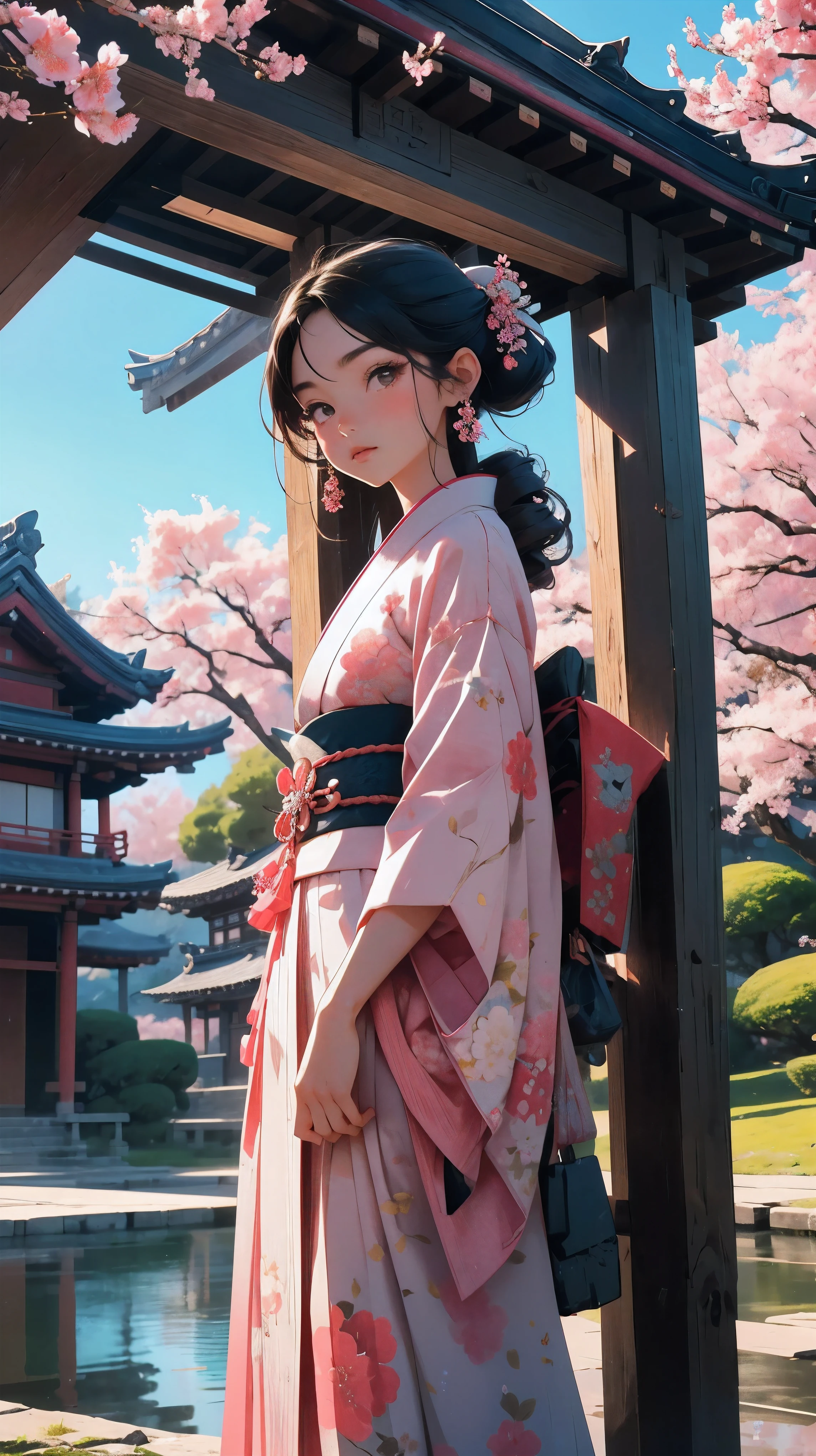 (best quality,4k,8k,highres,masterpiece:1.2), A picturesque scene featuring a beautiful Japanese woman, in her 20s, wearing a traditional Kimono. She is of East Asian descent with her hair styled neatly. The backdrop includes an ancient temple indicative of Japan's rich historical and architectural heritage. Also present are Sakura blossom trees in full bloom, their pink flowers adding a soft contrast to the image. The scene is tranquil with a touch of natural beauty greatly emphasized by the blossoming trees and the ancient temple.