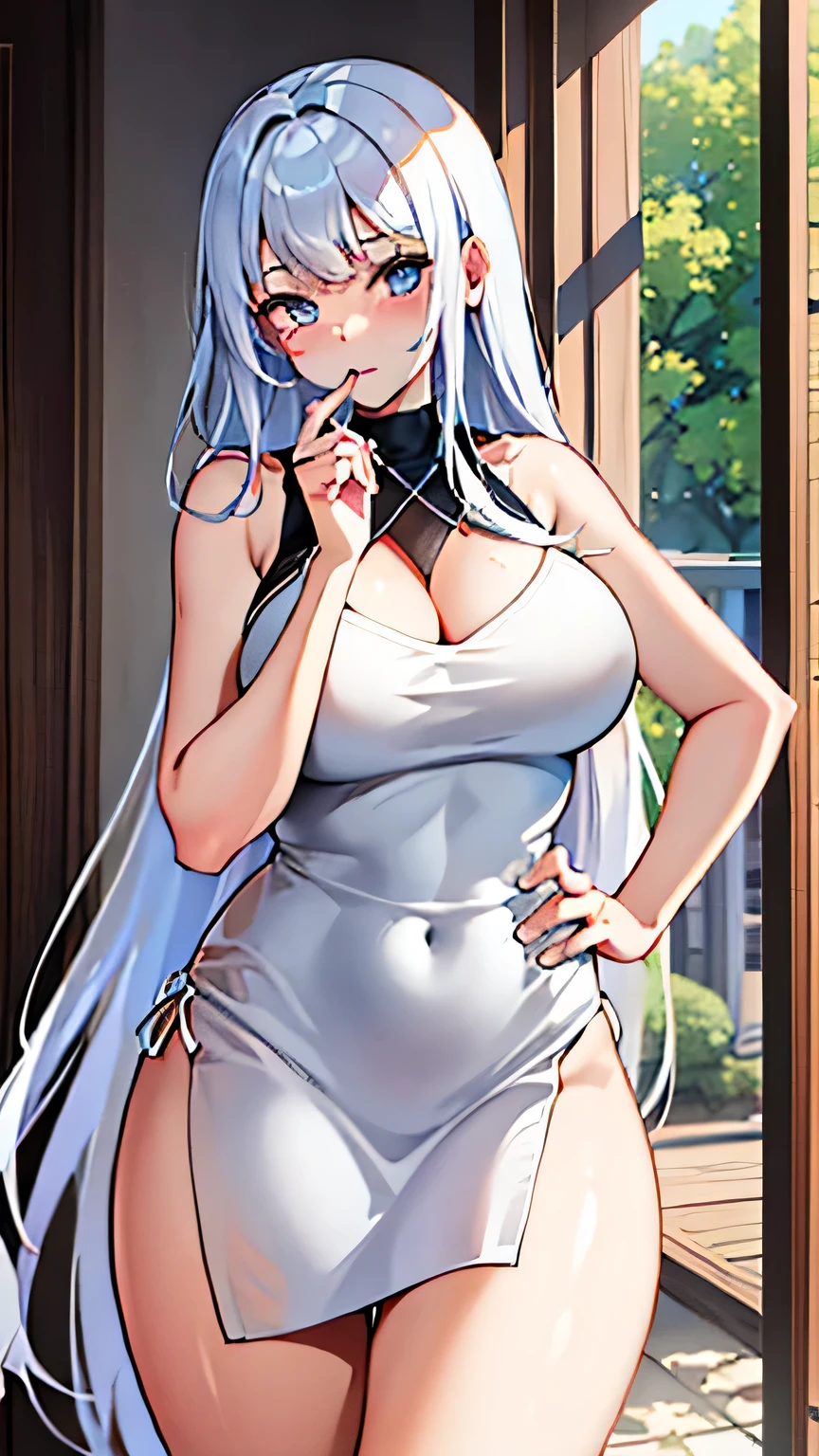 estilo zrpg, de_side de_below beautiful woman with voluminous white hair beautiful and voluptuous body white dress a hand touching her face (happy calm expression:1.2) sobre a escada exterior casa meia-noite luar luz de fundo (obra de arte:1.2) (Melhor qualidade) (detalhado) (intrincado) (8k) (HDR) (Papel de parede) (cold natural lighting) (sharp focus)