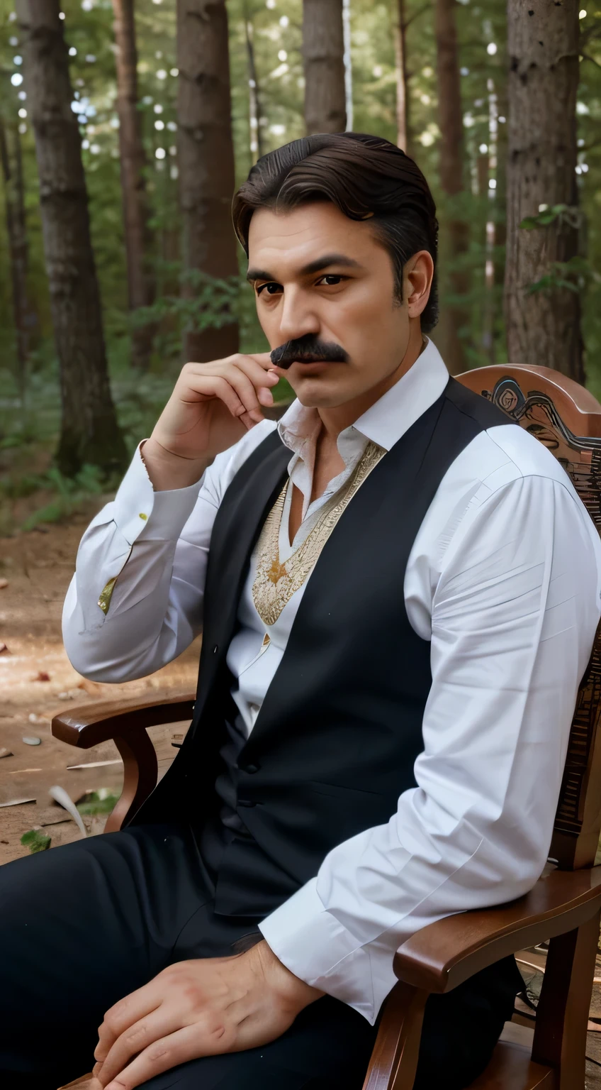 Turkish man sit on the chair in the forest , nice detail hand and fingers , ultra detail face , turkish style Moustache