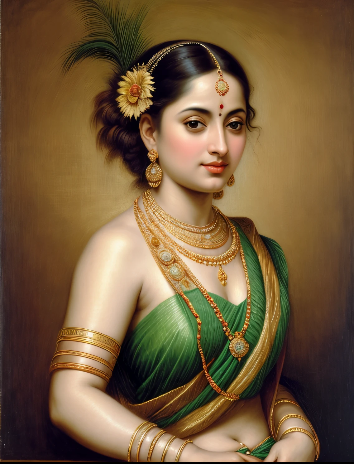Beautiful Indian Woman, wearing saree, sari Beauty, gorgeous, Apsara, Maharani, royal queen woman, nymph from Hindu Mythology, Urvashi, matchless beauty, Highly detailed, Oil Painting by Peter Paul Rubens inspired by Raja Ravi Varma, Matchless beauty, captivating, gorgeous, heavenly beauty, celestial beauty, by Peter Paul Rubens, 13, realistic, hyper realistic, micro details, incredible artwork, insane details, ultra High resolution, 8k, 32k, acrylic on canvas, intricate, flawless, detailed, detailed face, detailed eyes, masterpiece, by Peter Paul Rubens, by Caravaggio, by William Adolphe bouguereau, perfect face, perfect body, beautiful art, realism, baroque, renaissance Art, highly textured, beautiful and detailed eyes, uhd, best quality,
