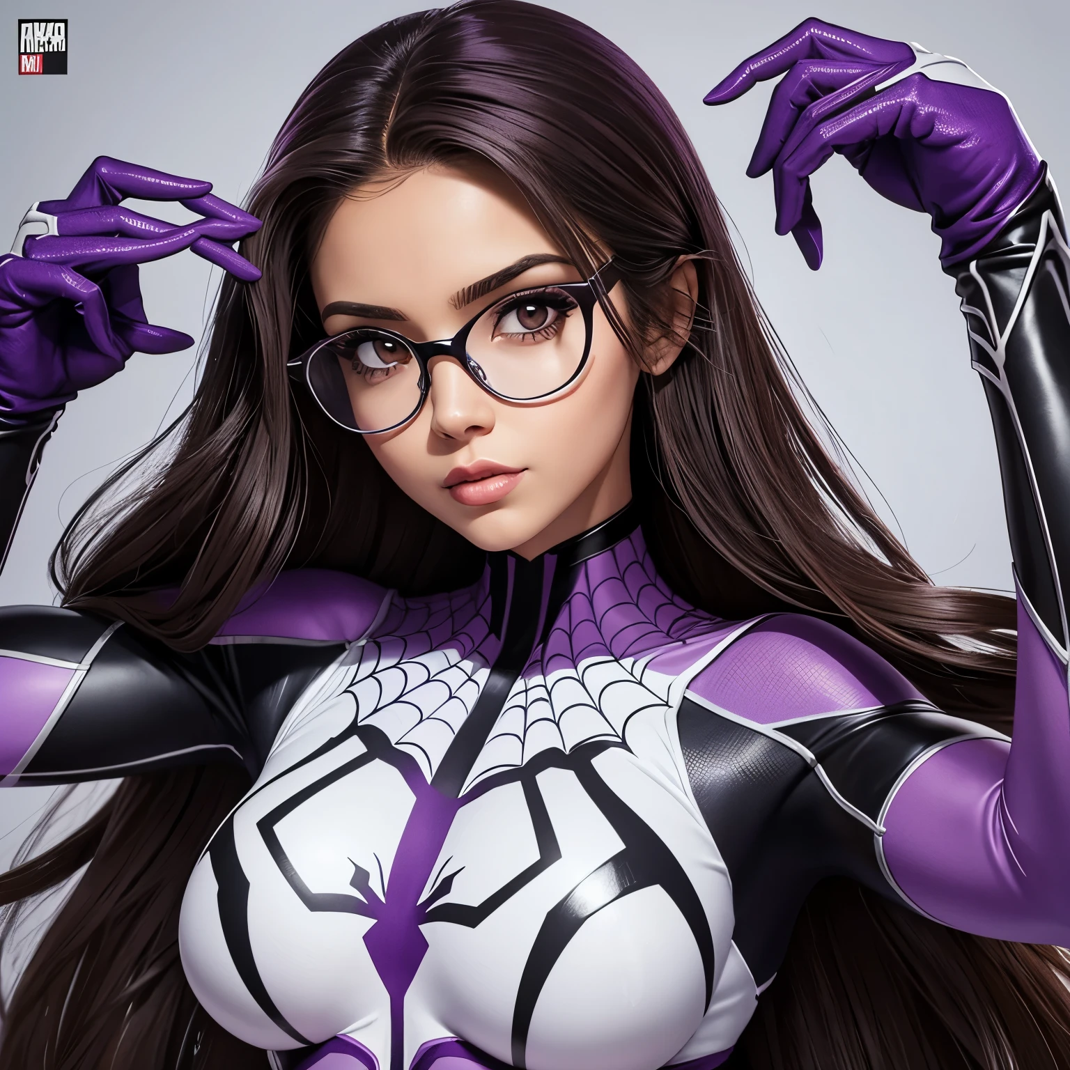 Spider girl, uniforme lilas e branco, cabelos cacheados, curtos e marrom escuro, with glasses, olhos castanho escuro, magra, com seios pequenos, quadris levemente fartos, pele parda, comic-style animation