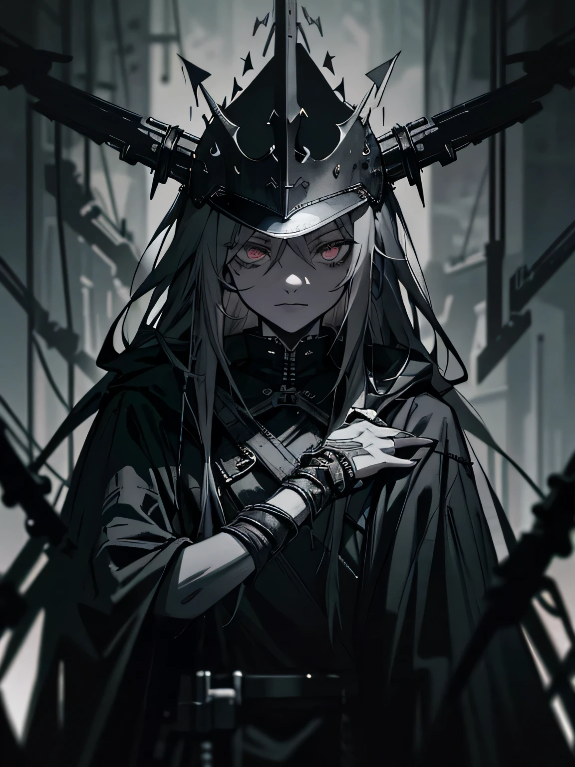 (((darkest dungeon style))), demon girl, ((black skin)), dark black skin, black skin, (ash skin), very long gray hair, ((chains and sickles)), (bandages), less clothing, short clothing, cold lights, highly detailed art, extremely detailed