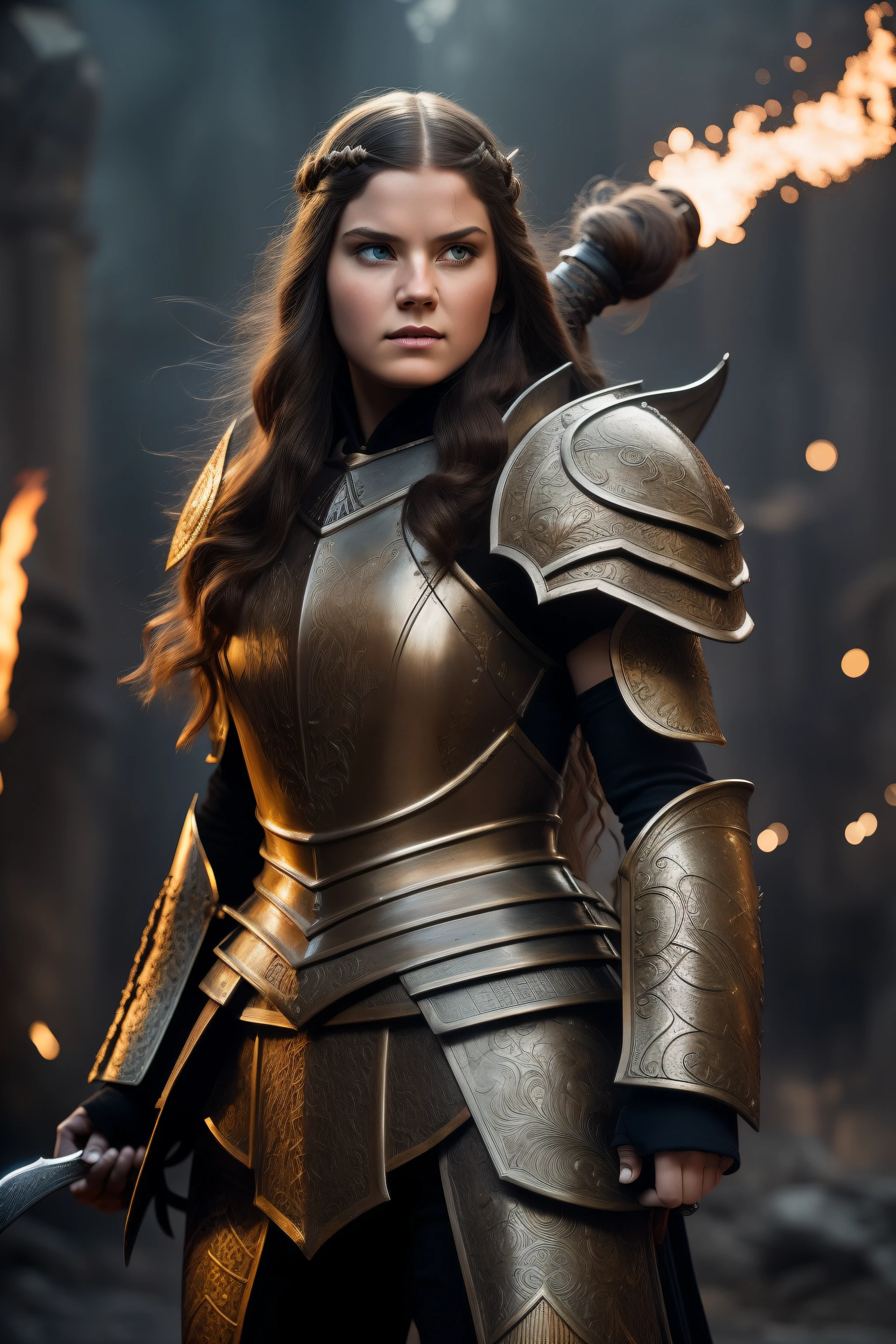 In the dimly lit battlefield, amidst the ruins of a once grand castle, a towering anthropomorphic turtle clad in the armor of a bullfighting warrior stood proudly. With a tall body and stout limbs, she exuded an air of disdain as her fiery, long hair fluttered in the wind like flames. Her eyes, like tosen, burned with determination as she ran forward, sword and shield in hand, ready for combat.
Her design was a masterpiece of dynamic lines and stereoscopic perspective, brought to life in super-fine 4K resolution with high-quality details. The movie-like lighting highlighted every inch of her form, from the intricate patterns on her armor to the carefully rendered scales on her skin. Even her hair, down to the last strand, was depicted with astonishing accuracy and detail, making each strand clearly focused and vivid, a testament to the work of masters in character design.
This epic scene captured the moment of her holy rampage, a dwarven cleric woman on a mission to slay demons. Her every move was a symphony of power and purpose, leaving no doubt about her strength and resolve. As she clashed with her demonic foes, her sword glinted with a fierce determination, while her shield protected her from their attacks. The battlefield was a canvas of chaos and courage, and in the midst of it all stood the fearless warrior, a beacon of hope against the darkness.