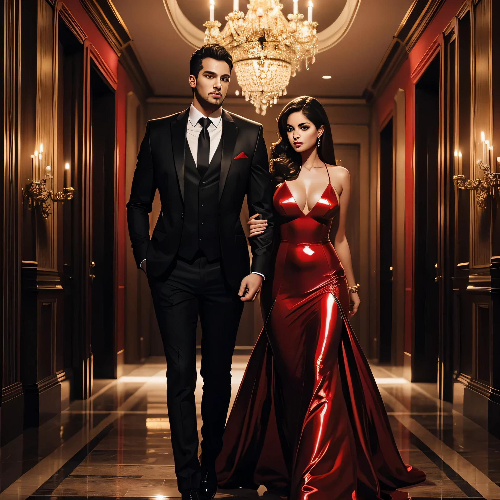 Digital art, A sexy beautiful girl with big in a red shiny gown holding a handsome guy in a black suit in a hall background