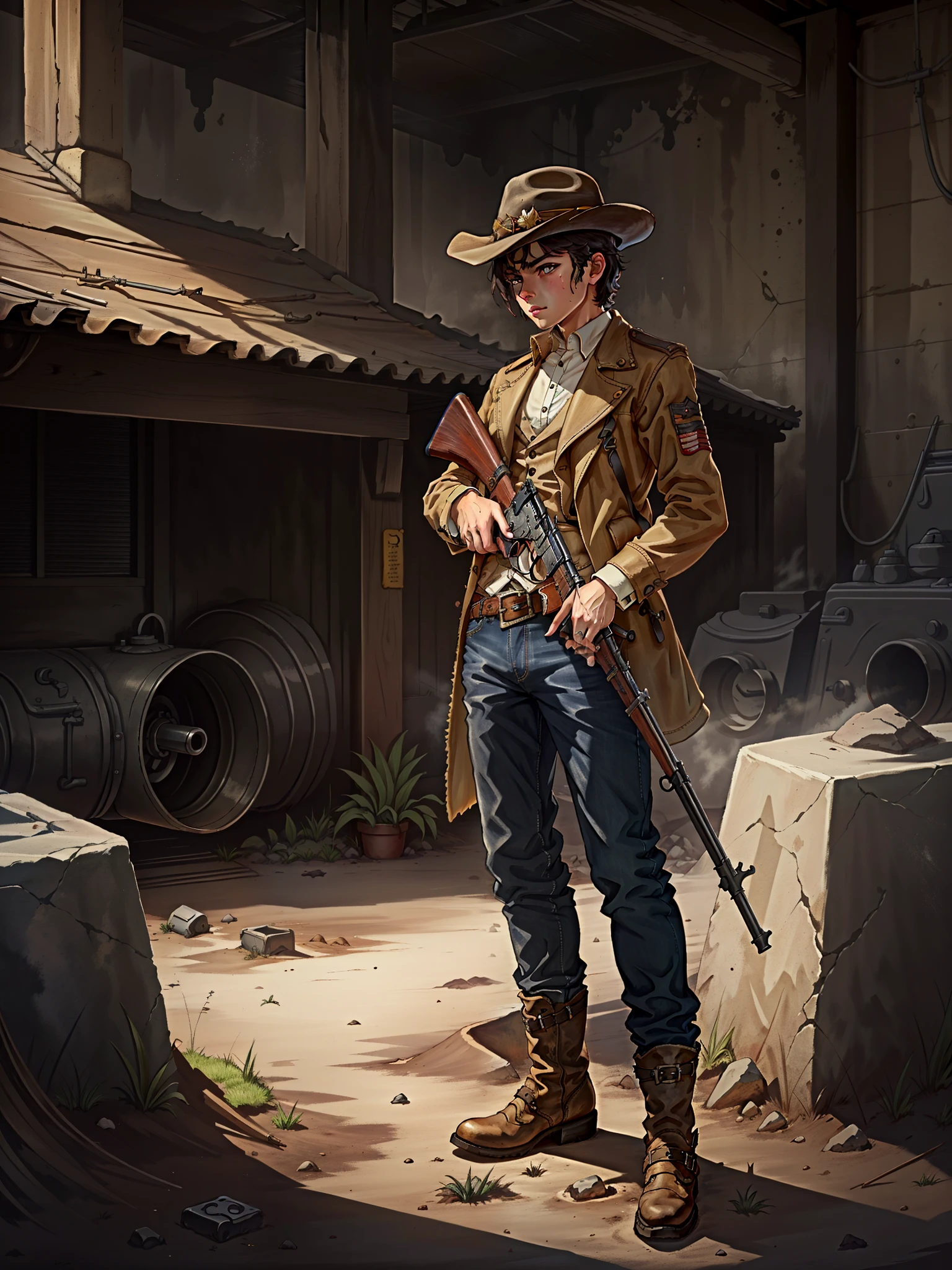 grainy, masterpiece, extremely detailed, 1boy, solo, solo focus, male focus, alien, cowboy hat, jeans, cowboy boots, leather gloves, underground, base city sewers, mature man, holding weapon, leveraction, antique firearm, holding weapon, trigger discipline, side view