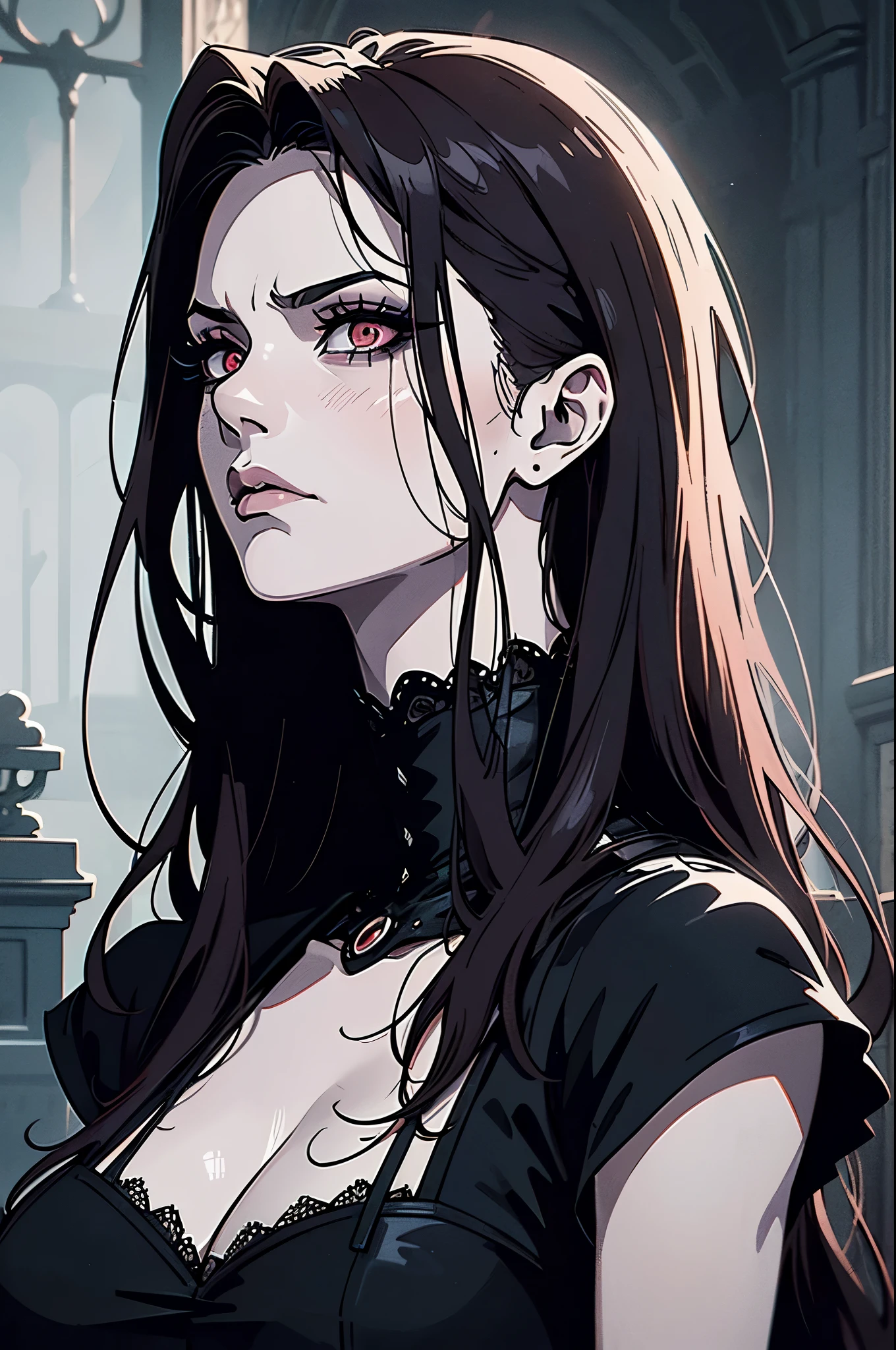 (best quality,4k,8k,highres,masterpiece:1.2),ultra-detailed,(realistic,photorealistic,photo-realistic:1.37),goth anime girl,90s anime,gothic,1woman,dark church,red eyes,dark ambient,low saturation,anime style,pale skin,long flowing hair,gothic clothing,silhouette,surreal background,mysterious atmosphere,intense emotions,melancholic expression,dim candlelight,lens flare,dramatic shadows,symbolic elements,heavy makeup,pale and dark colors,misty fog,ethereal beauty,subtle texture