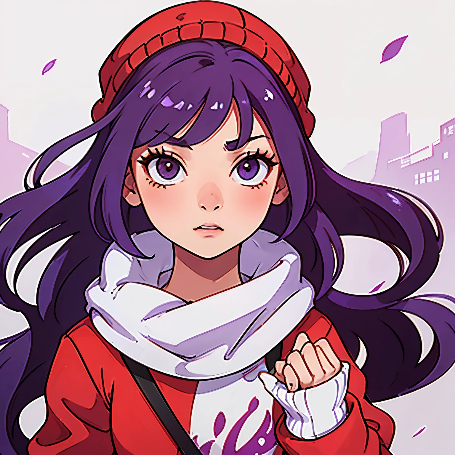 A  girl with a red knit hat and purple hair 