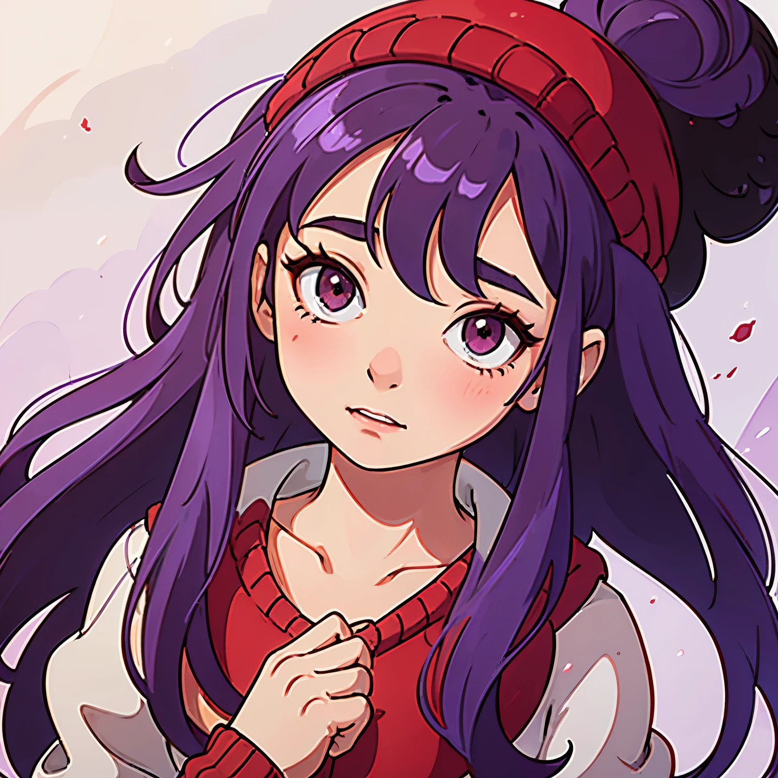 A 14 years old girl with a red knit hat and purple hair