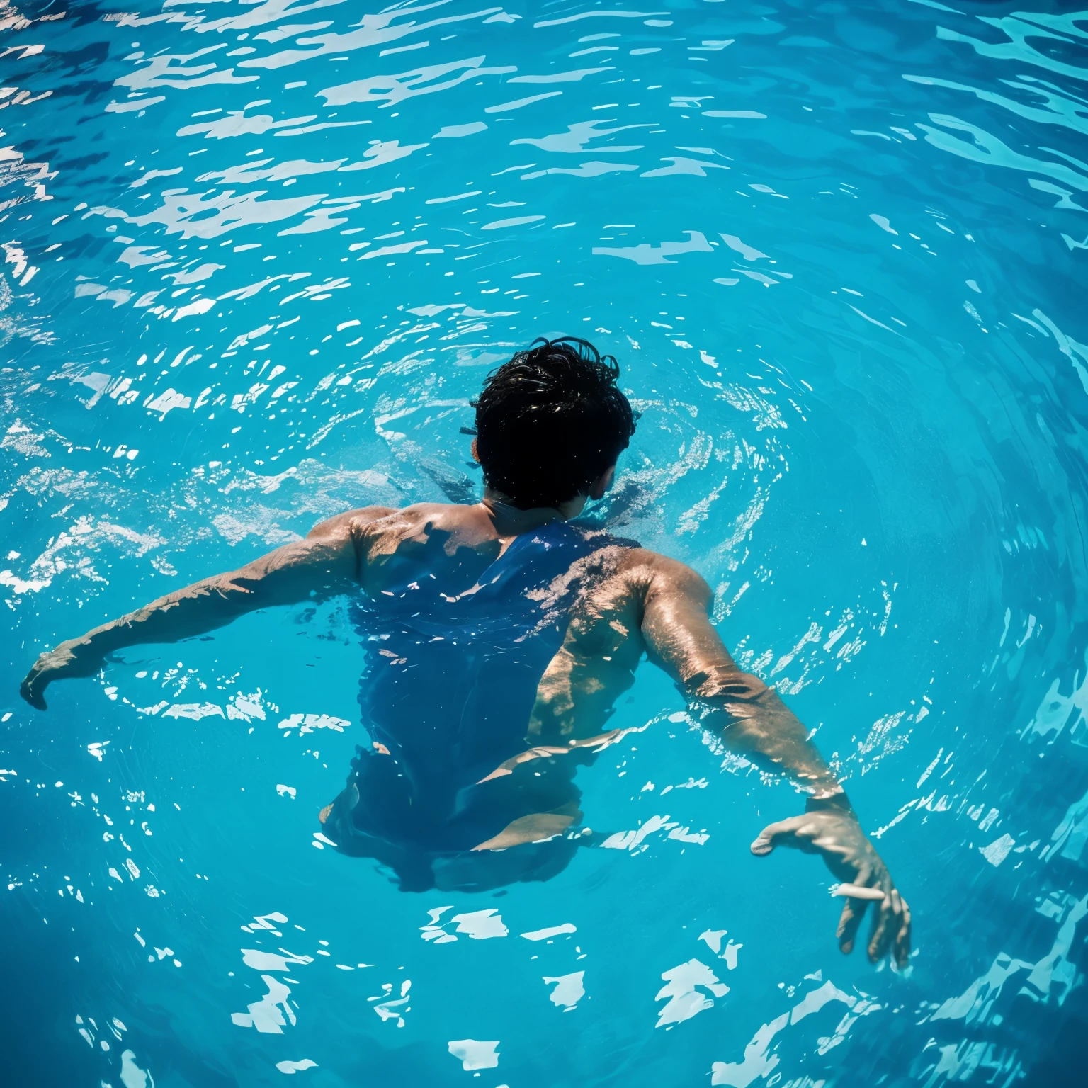 blue crystalline water, at the bottom of a pool you can see the silhouette of a man, the point of view is above the pool, the man is at the bottom, lying down.